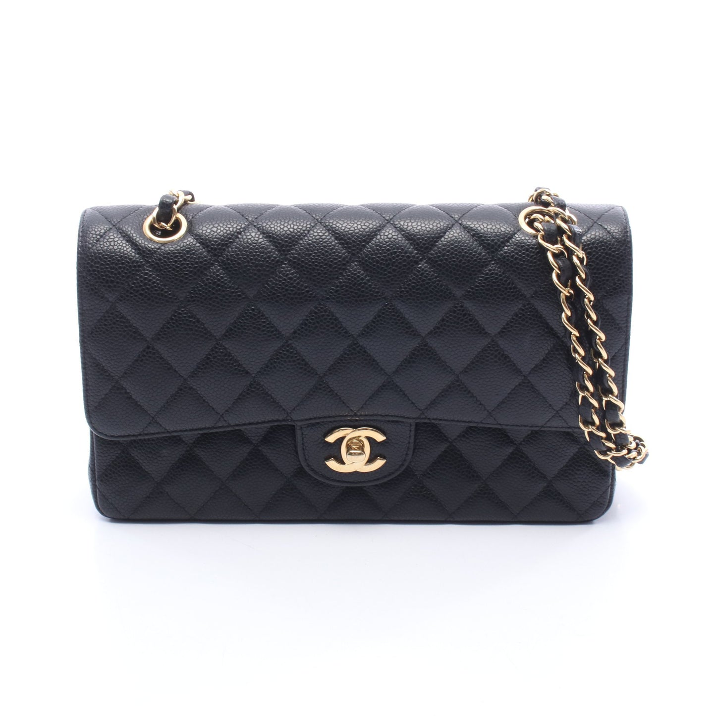 マトラッセ Wフラップ Wチェーンショルダーバッグ キャビアスキン ブラック ゴールド金具 シャネル バッグ CHANEL