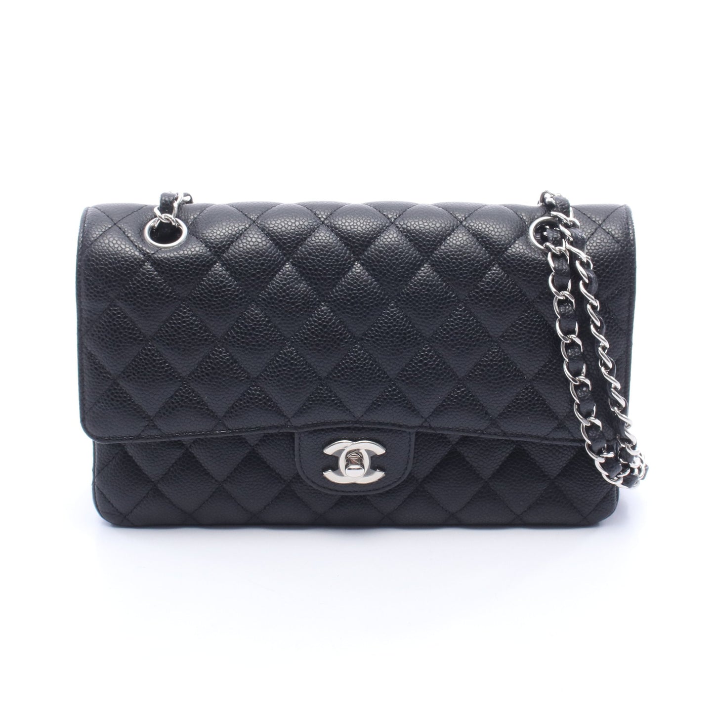 マトラッセ Wフラップ Wチェーンショルダーバッグ キャビアスキン ブラック シルバー金具 シャネル バッグ CHANEL