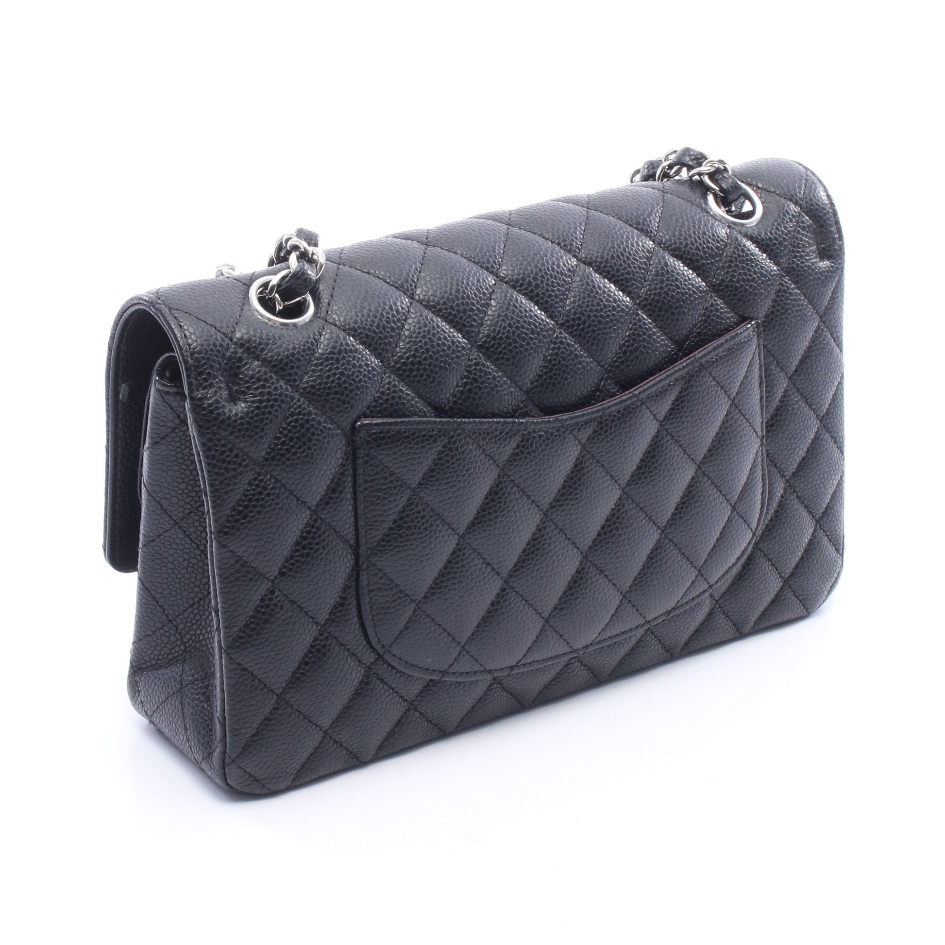 マトラッセ Wフラップ Wチェーンショルダーバッグ キャビアスキン ブラック シルバー金具 シャネル バッグ CHANEL