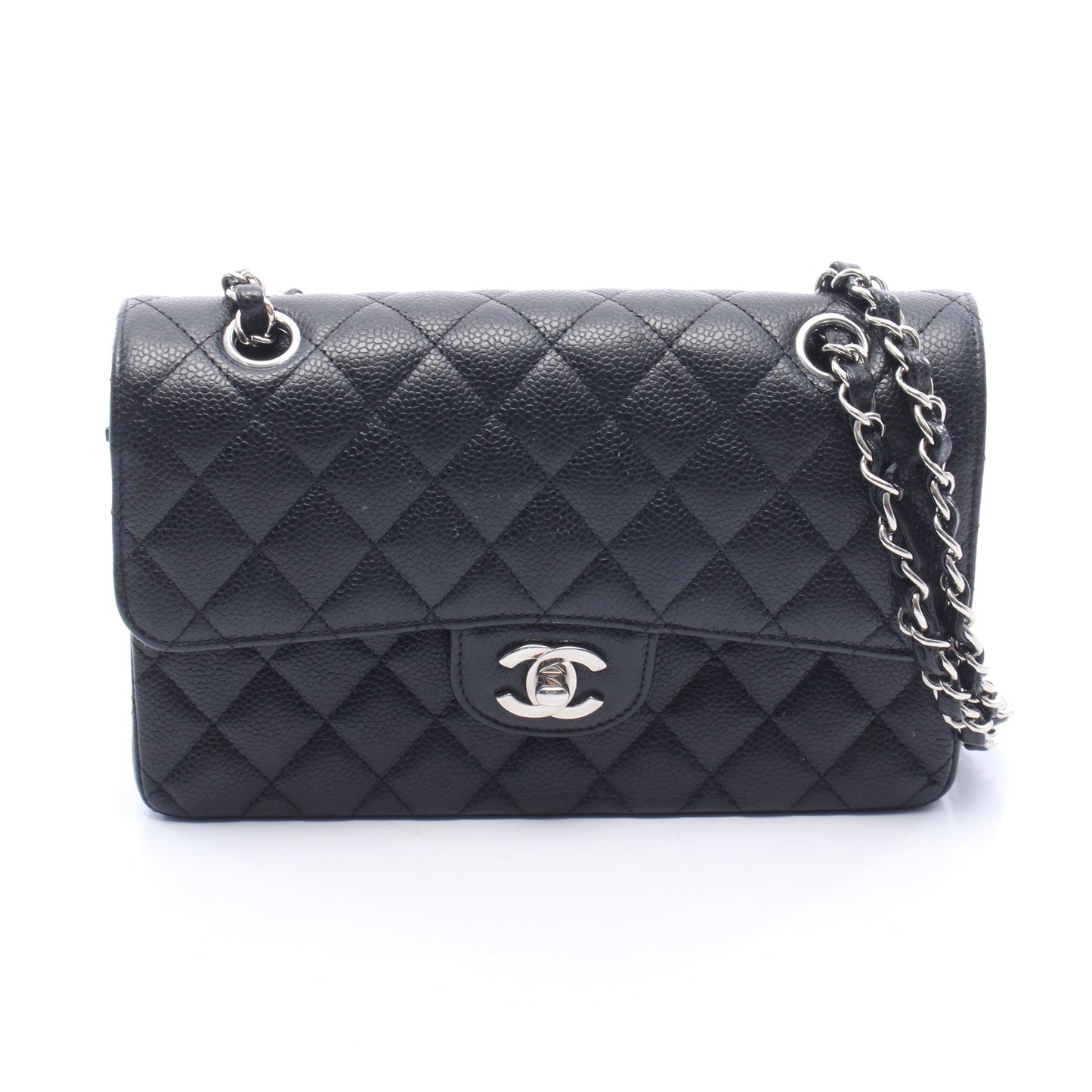 マトラッセ Wフラップ Wチェーンショルダーバッグ キャビアスキン ブラック シルバー金具 シャネル バッグ CHANEL