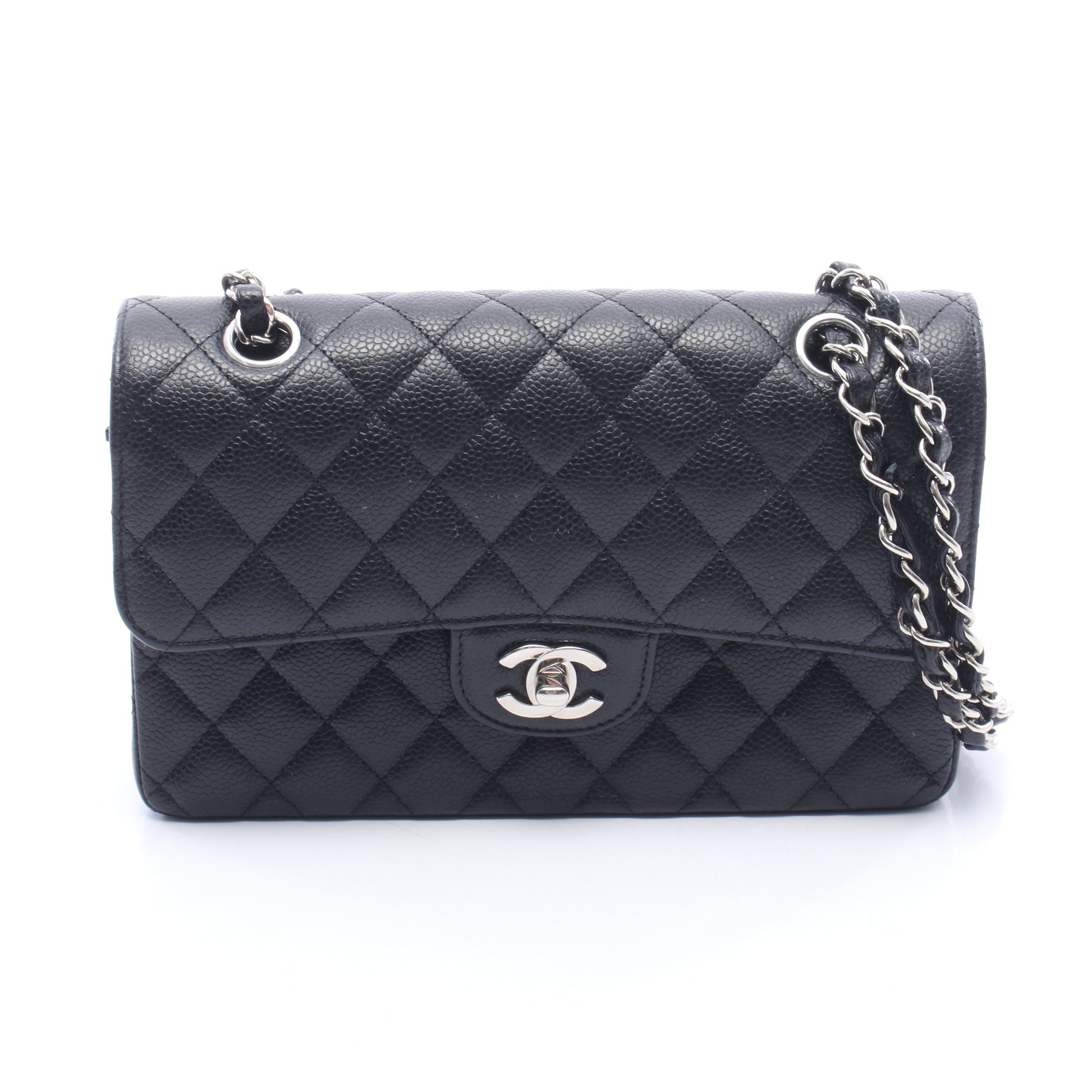 マトラッセ Wフラップ Wチェーンショルダーバッグ キャビアスキン ブラック シルバー金具 シャネル バッグ CHANEL