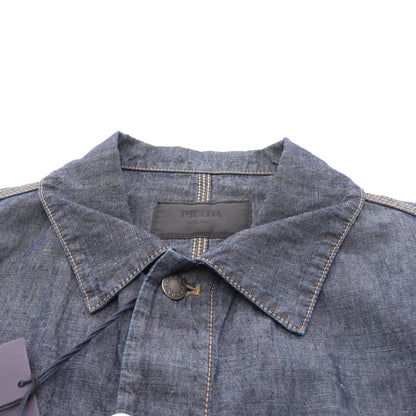 シャンブレーブルゾン ジャケット コットン リネン インディゴブルー プラダ アウター PRADA