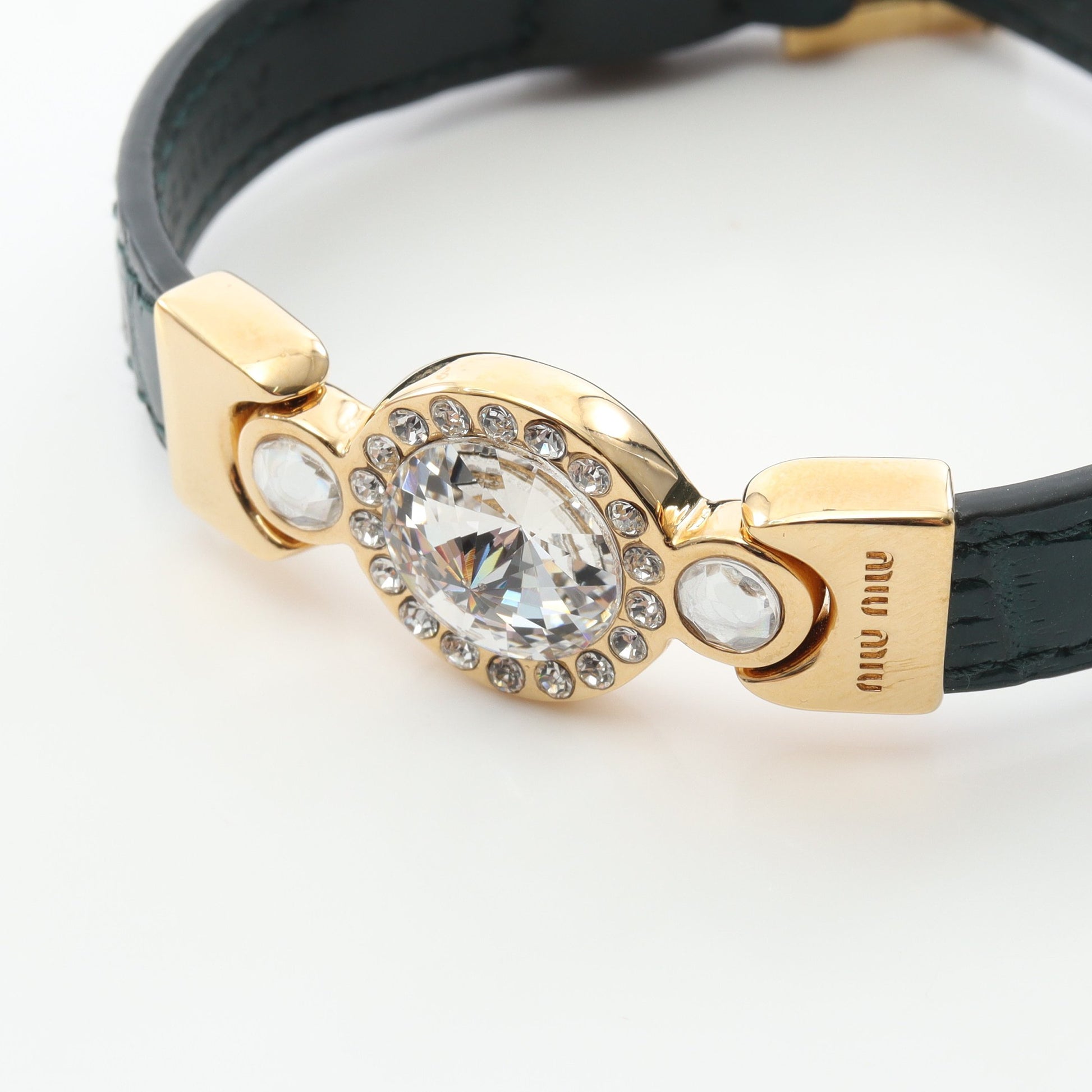 クロコ型押し ブレスレット レザー GP クリスタル グリーン ゴールド クリア ミュウミュウ アクセサリー miu miu