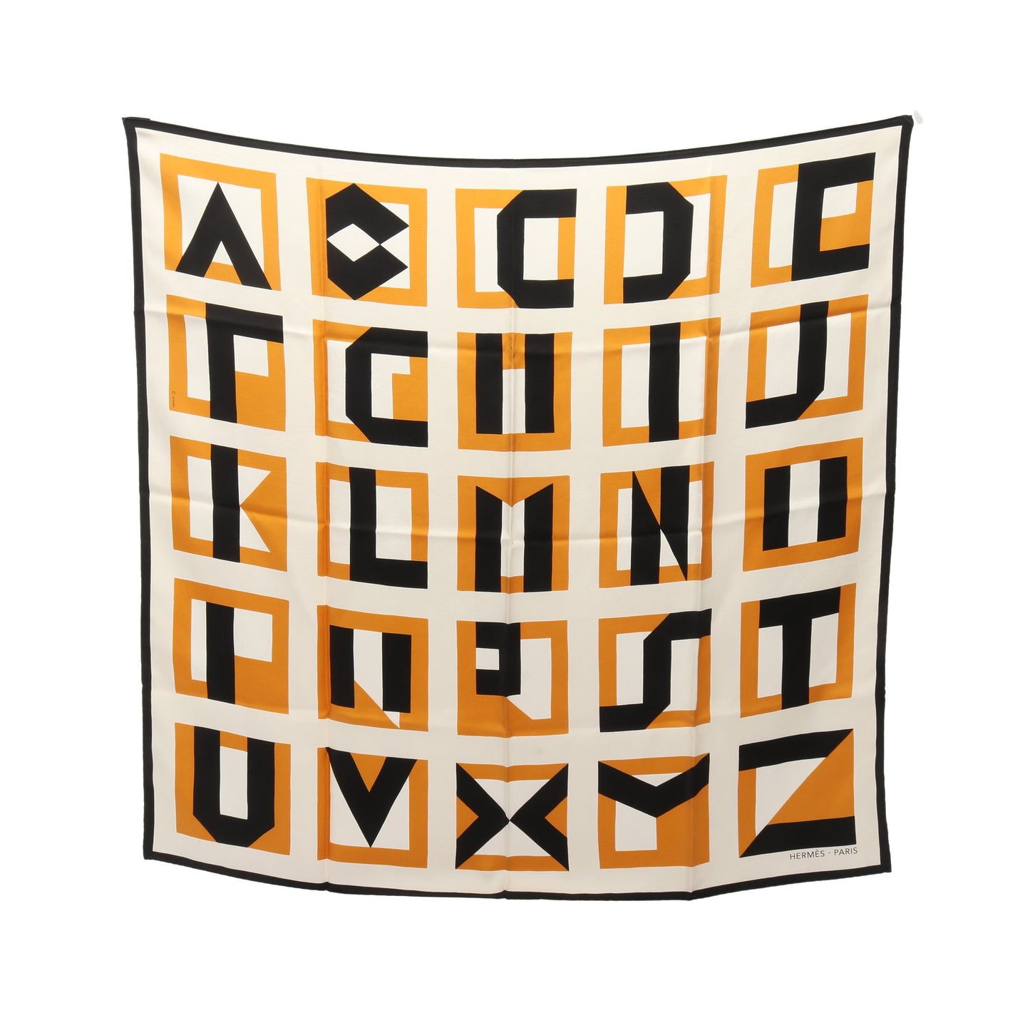 カレ90 LETTRES AU CARRE スカーフ シルク オフホワイト ブラック イエローブラウン エルメス 財布・小物 HERMES
