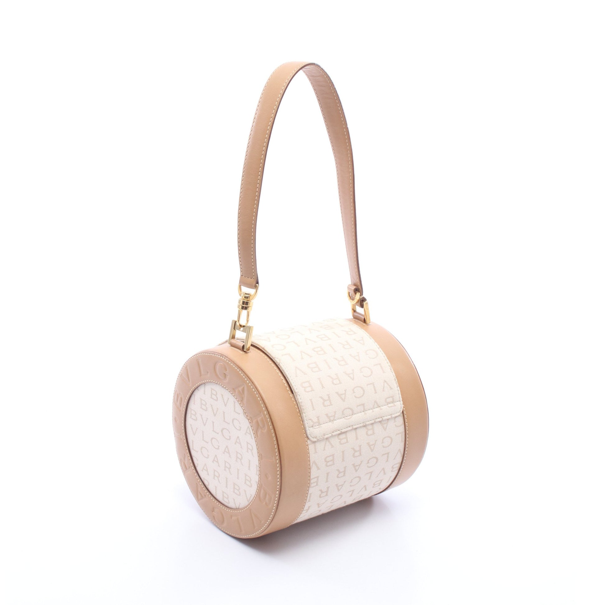 ビーゼロワン ロゴマニア ハンドバッグ キャンバス レザー ライトベージュ ベージュ ブルガリ バッグ BVLGARI