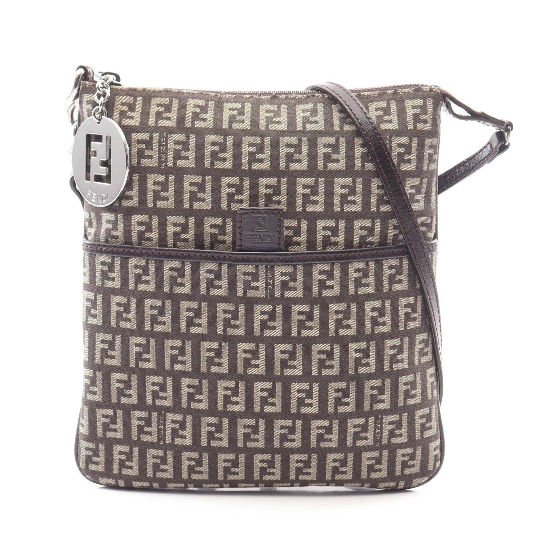 ズッキーノ ショルダーバッグ キャンバス レザー ダークブラウン フェンディ バッグ FENDI