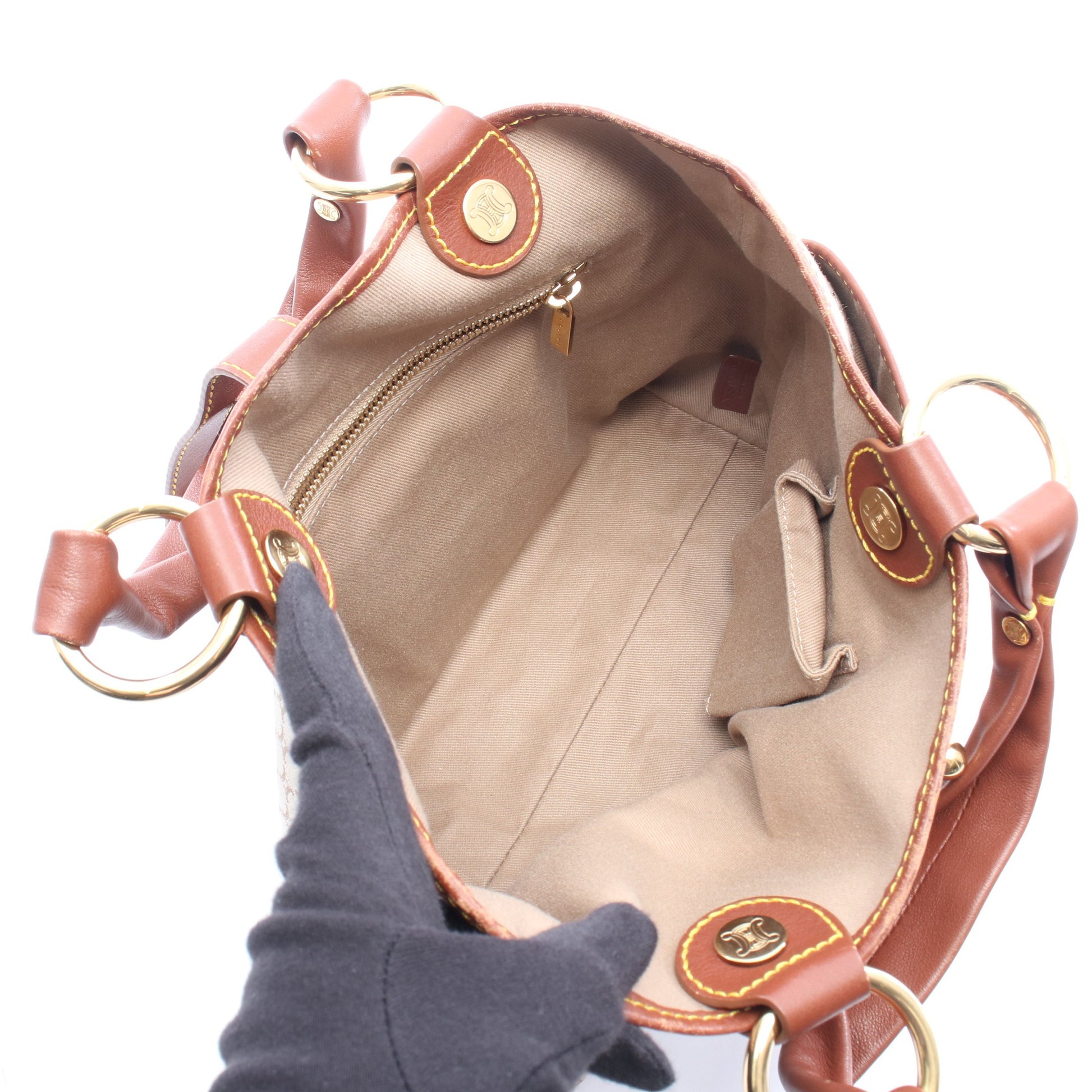 マカダム ハンドバッグ キャンバス レザー グレーベージュ ブラウン セリーヌ バッグ CELINE