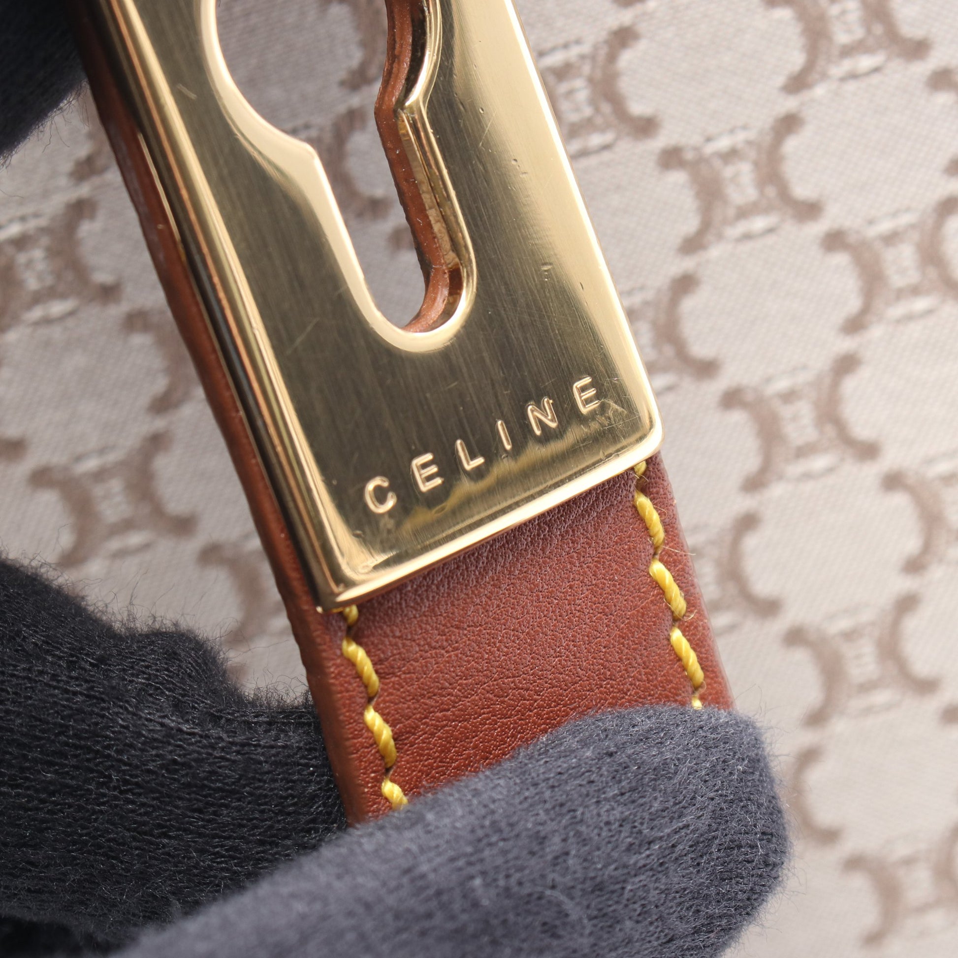 マカダム ハンドバッグ キャンバス レザー グレーベージュ ブラウン セリーヌ バッグ CELINE