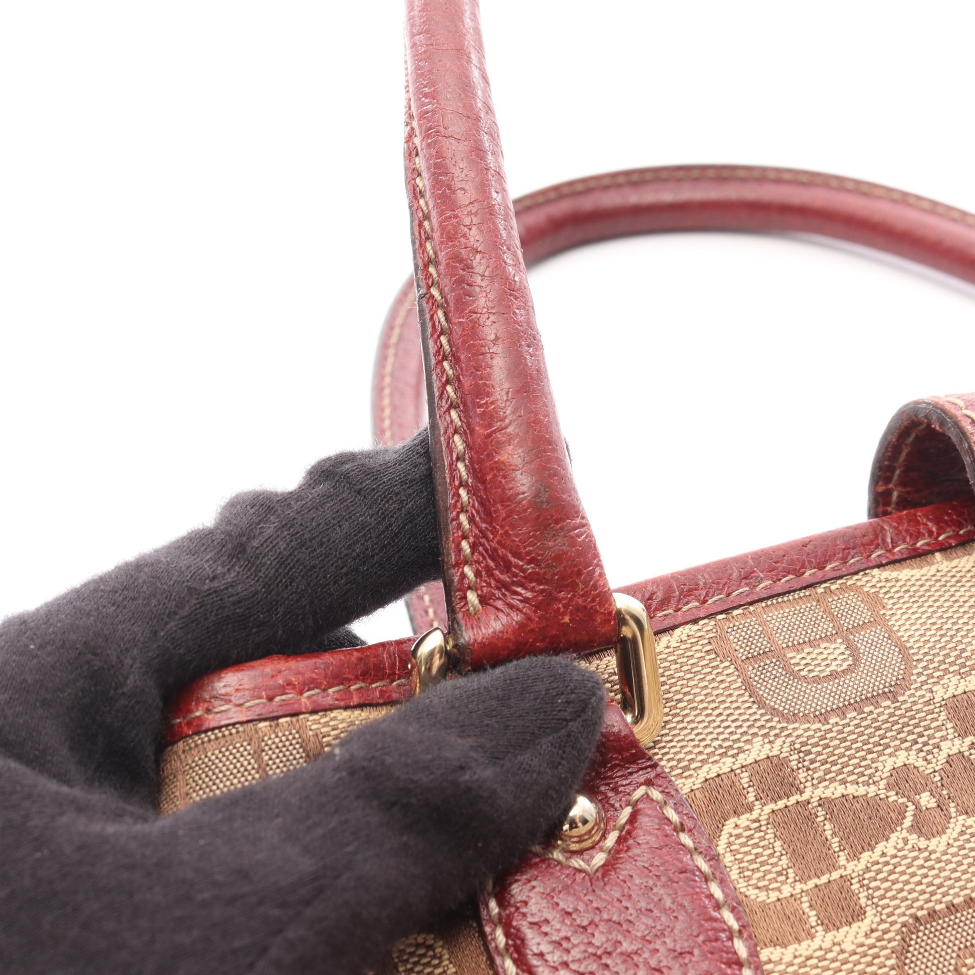ニュージャッキー ホースビット ハンドバッグ キャンバス レザー ベージュ バーガンディ グッチ バッグ GUCCI