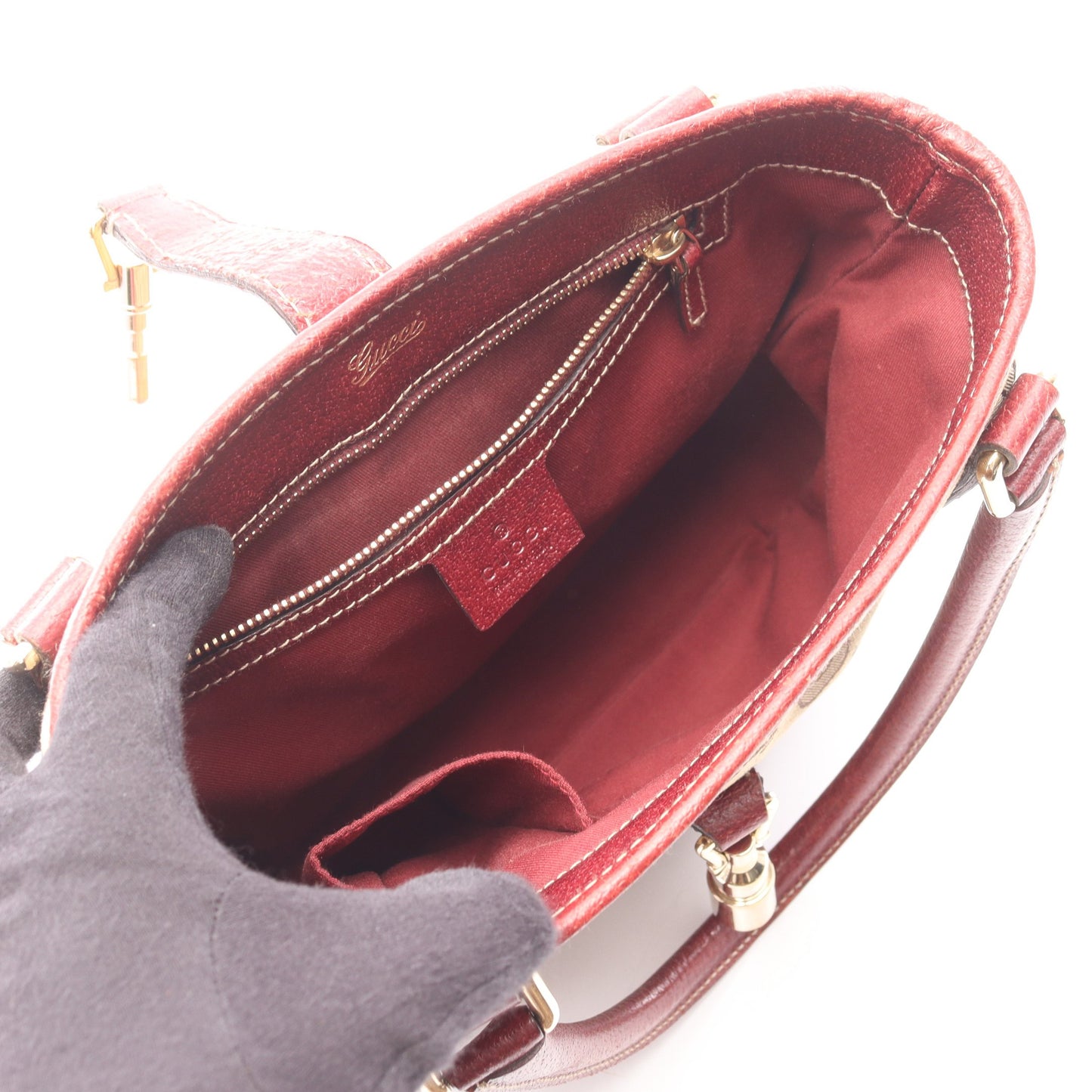ニュージャッキー ホースビット ハンドバッグ キャンバス レザー ベージュ バーガンディ グッチ バッグ GUCCI