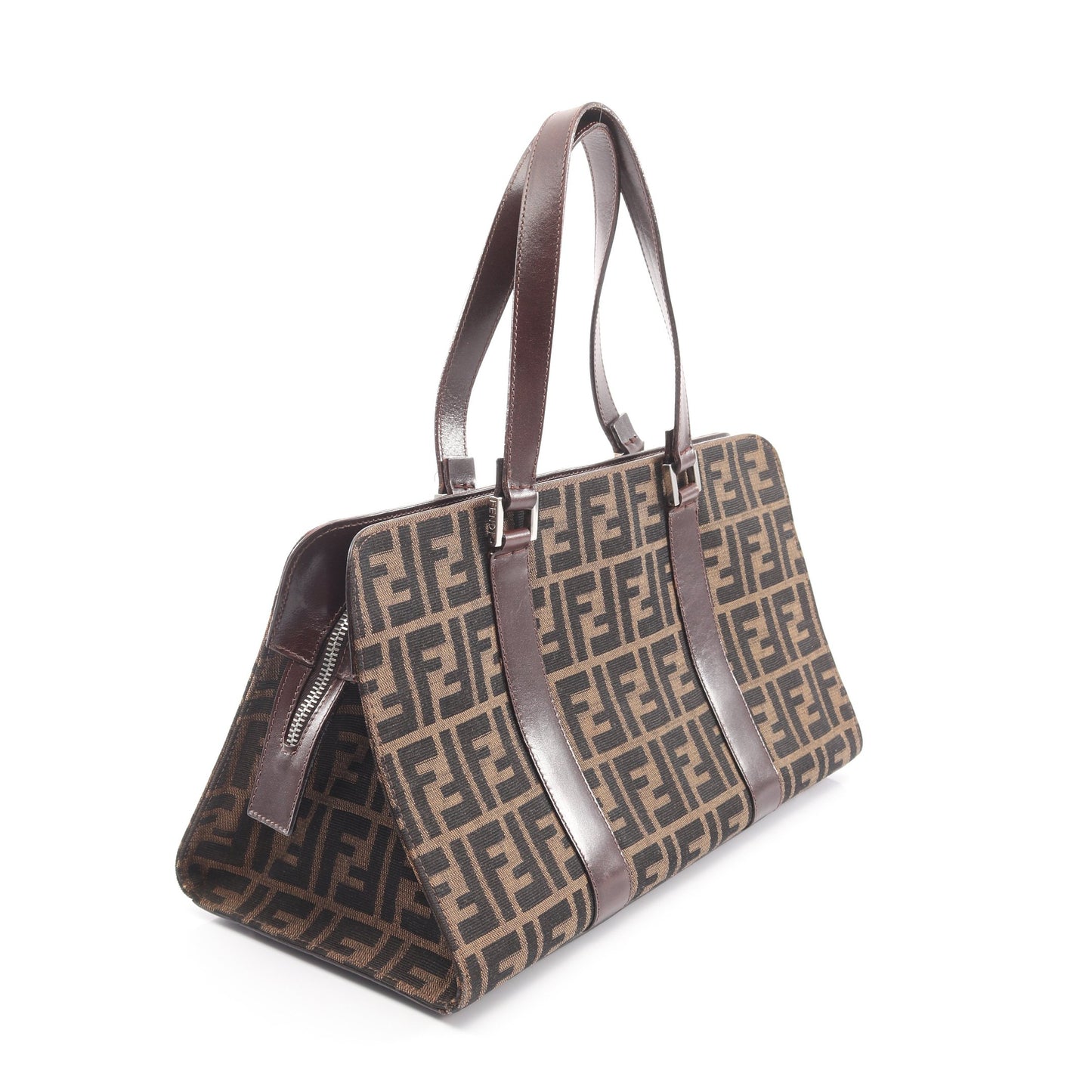 ズッカ ハンドバッグ キャンバス レザー ブラウン ダークブラウン フェンディ バッグ FENDI