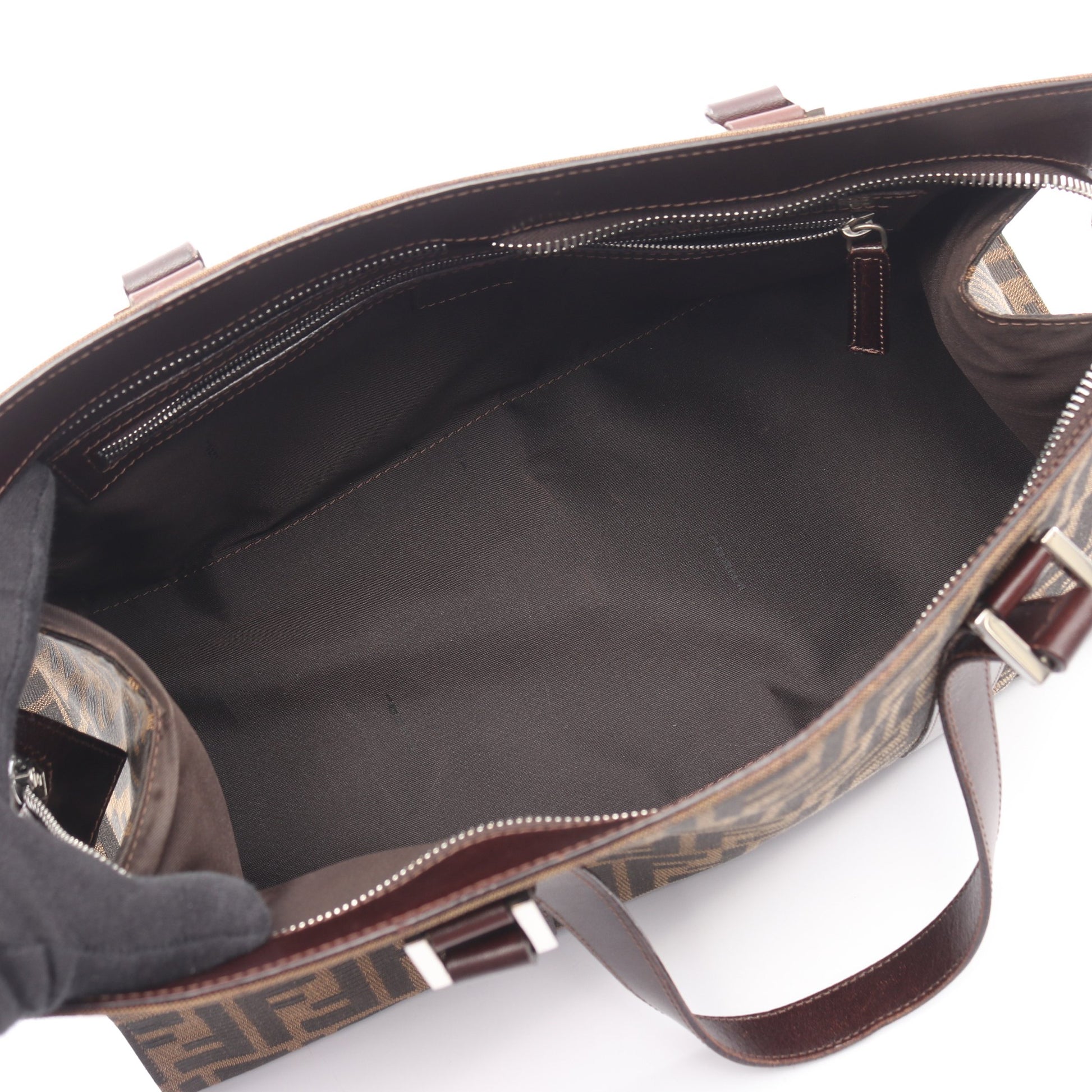ズッカ ハンドバッグ キャンバス レザー ブラウン ダークブラウン フェンディ バッグ FENDI