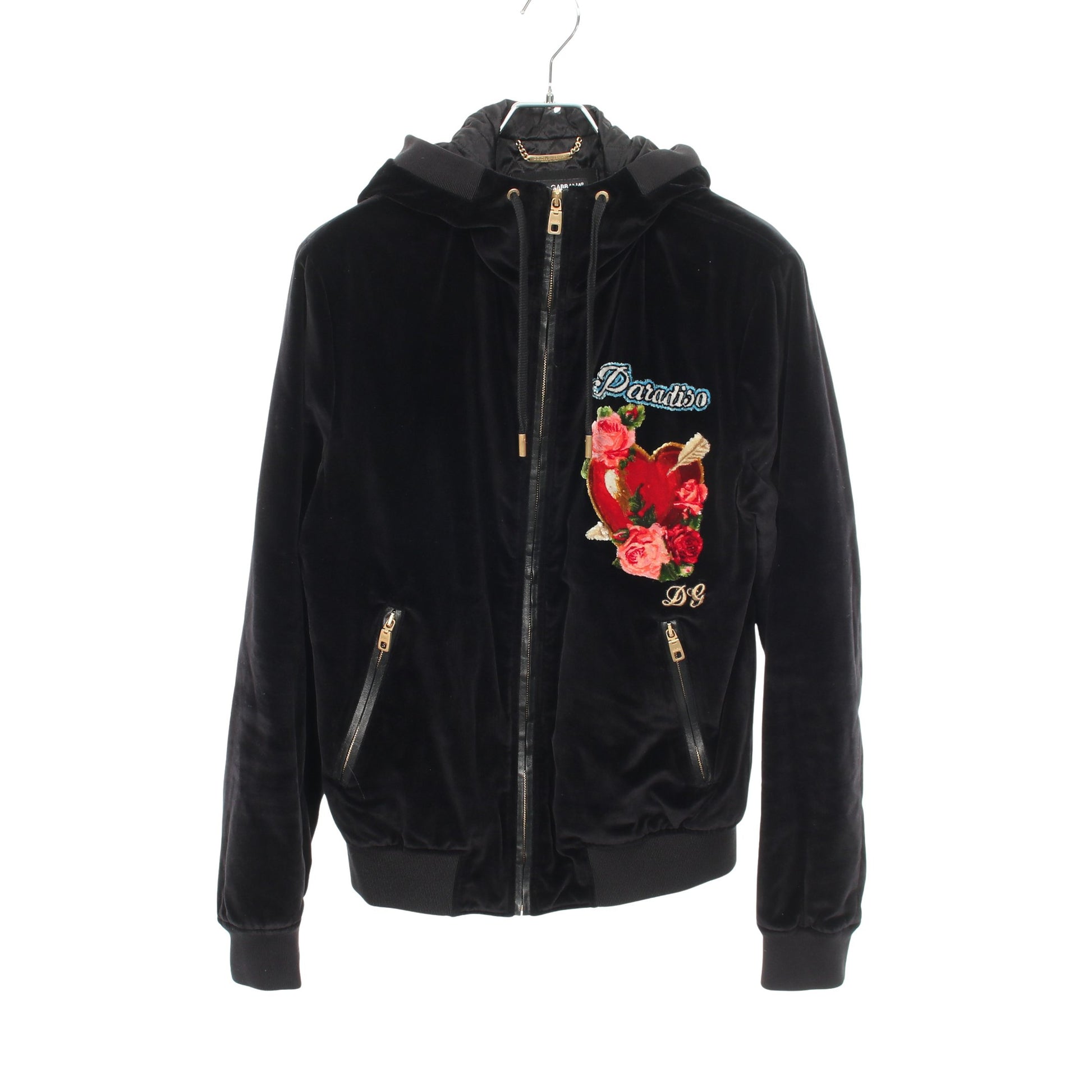 フード付き 中綿 ベロア ジャケット コットン ブラック ドルチェアンドガッバーナ アウター DOLCE&GABBANA