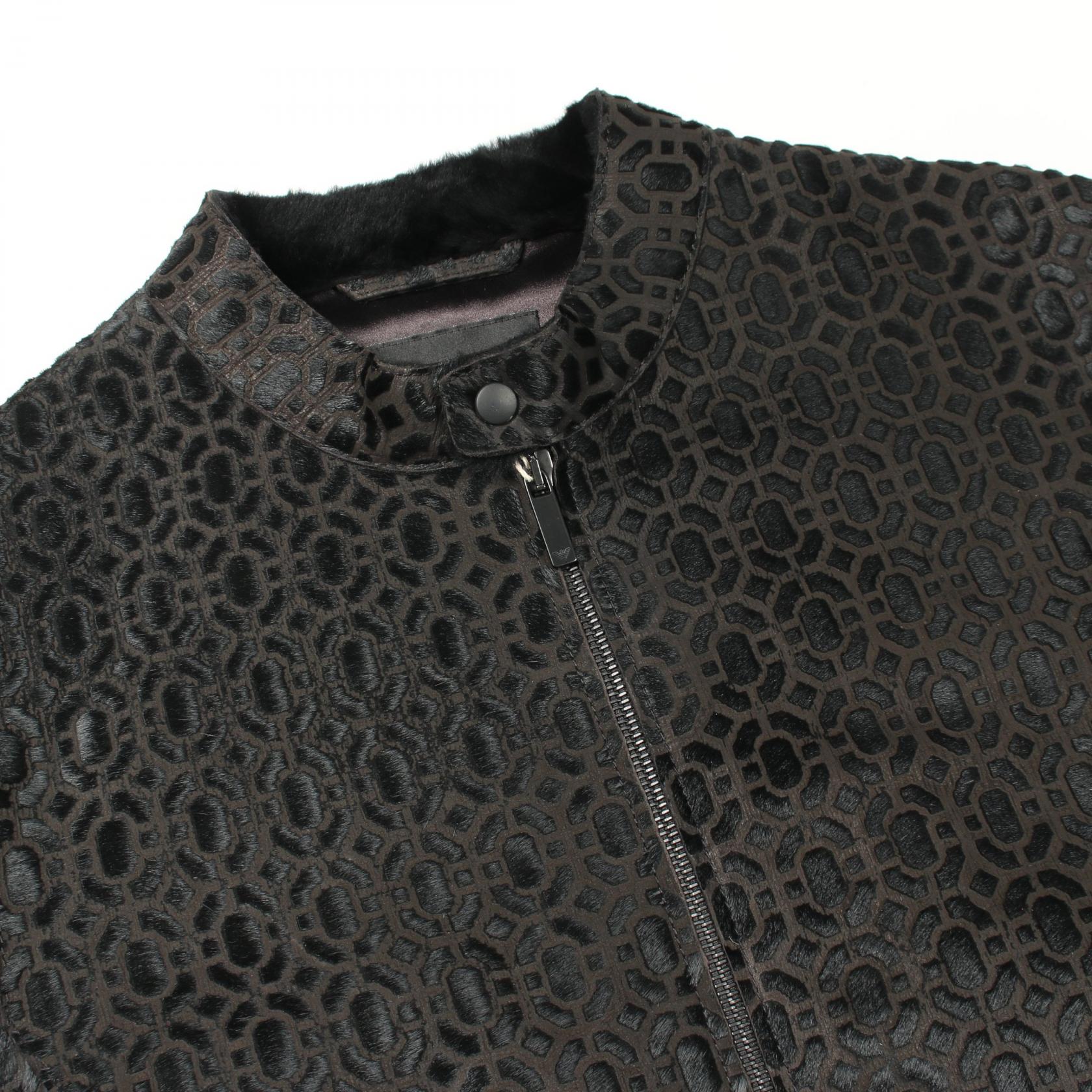 総柄 ジップアップ ジャケット レザー ハラコ ブラック エンポリオアルマーニ アウター EMPORIO ARMANI