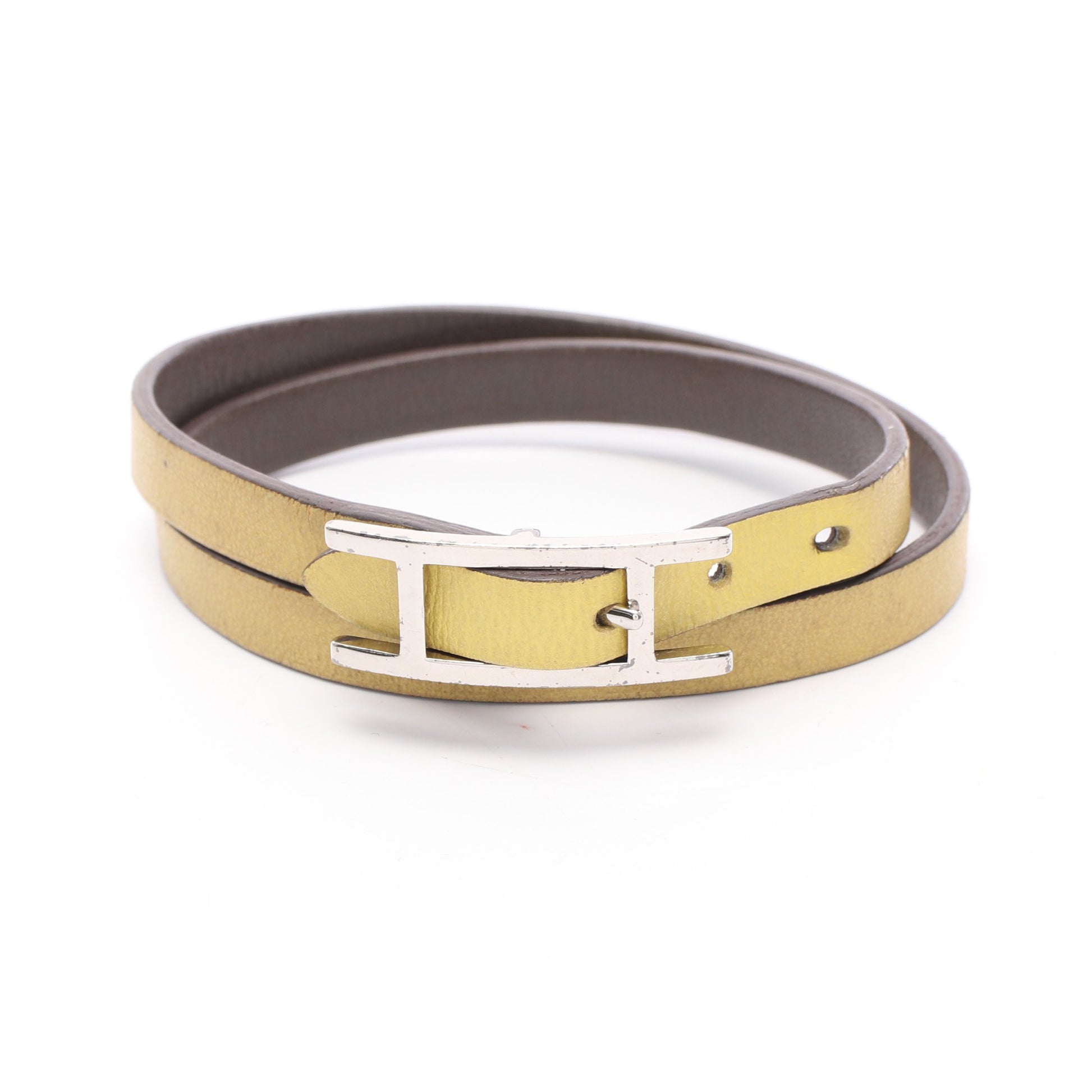 ビーアピ ドゥブルトゥール リバーシブル ブレスレット レザー グレー ライトイエロー シルバー エルメス アクセサリー HERMES