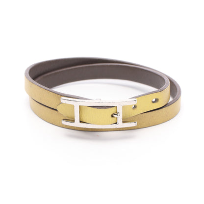 ビーアピ ドゥブルトゥール リバーシブル ブレスレット レザー グレー ライトイエロー シルバー エルメス アクセサリー HERMES
