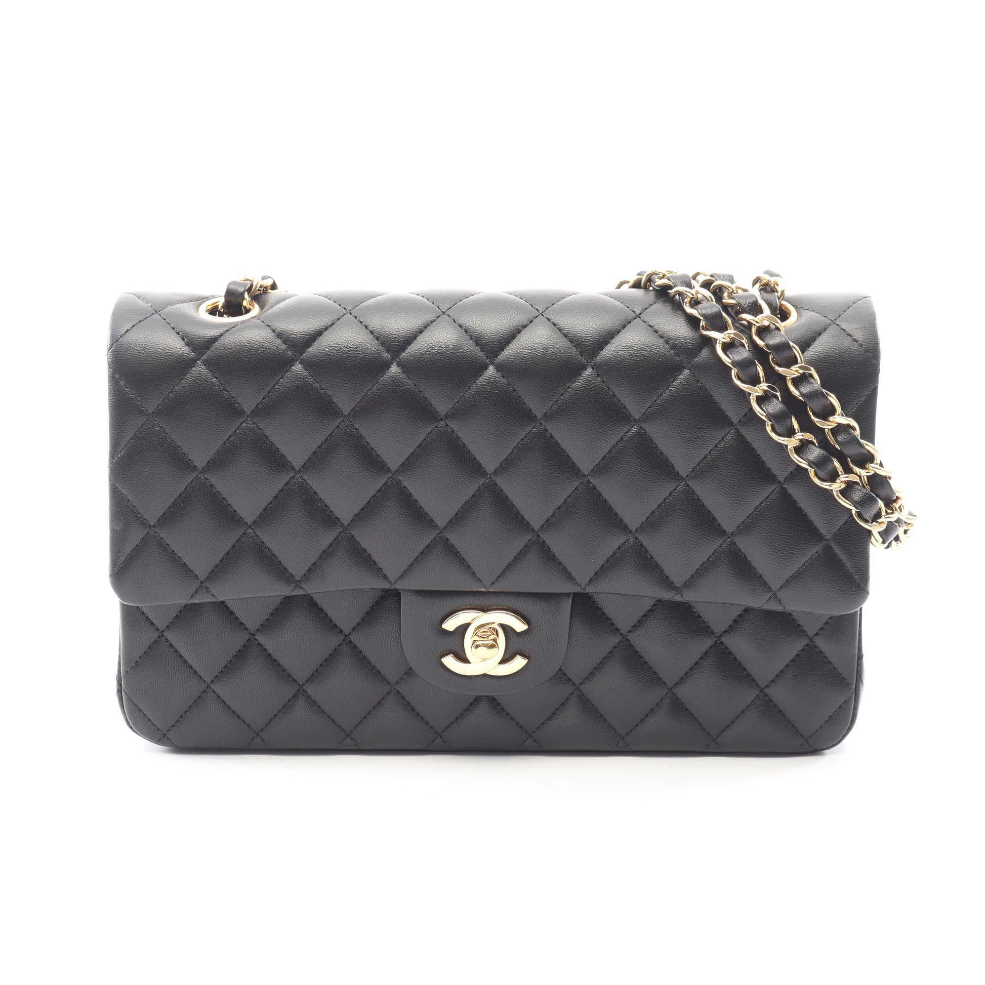 マトラッセ Wフラップ Wチェーンショルダーバッグ ラムスキン ブラック ゴールド金具 シャネル バッグ CHANEL