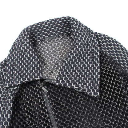 格子ジャガード ニット 切替 レザージャケット レザー ウール ダークネイビー グレー エンポリオアルマーニ アウター EMPORIO ARMANI