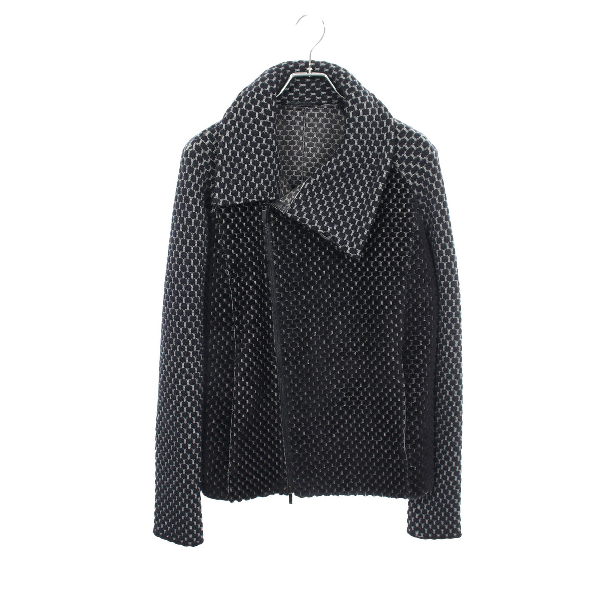 格子ジャガード ニット 切替 レザージャケット レザー ウール ダークネイビー グレー エンポリオアルマーニ アウター EMPORIO ARMANI