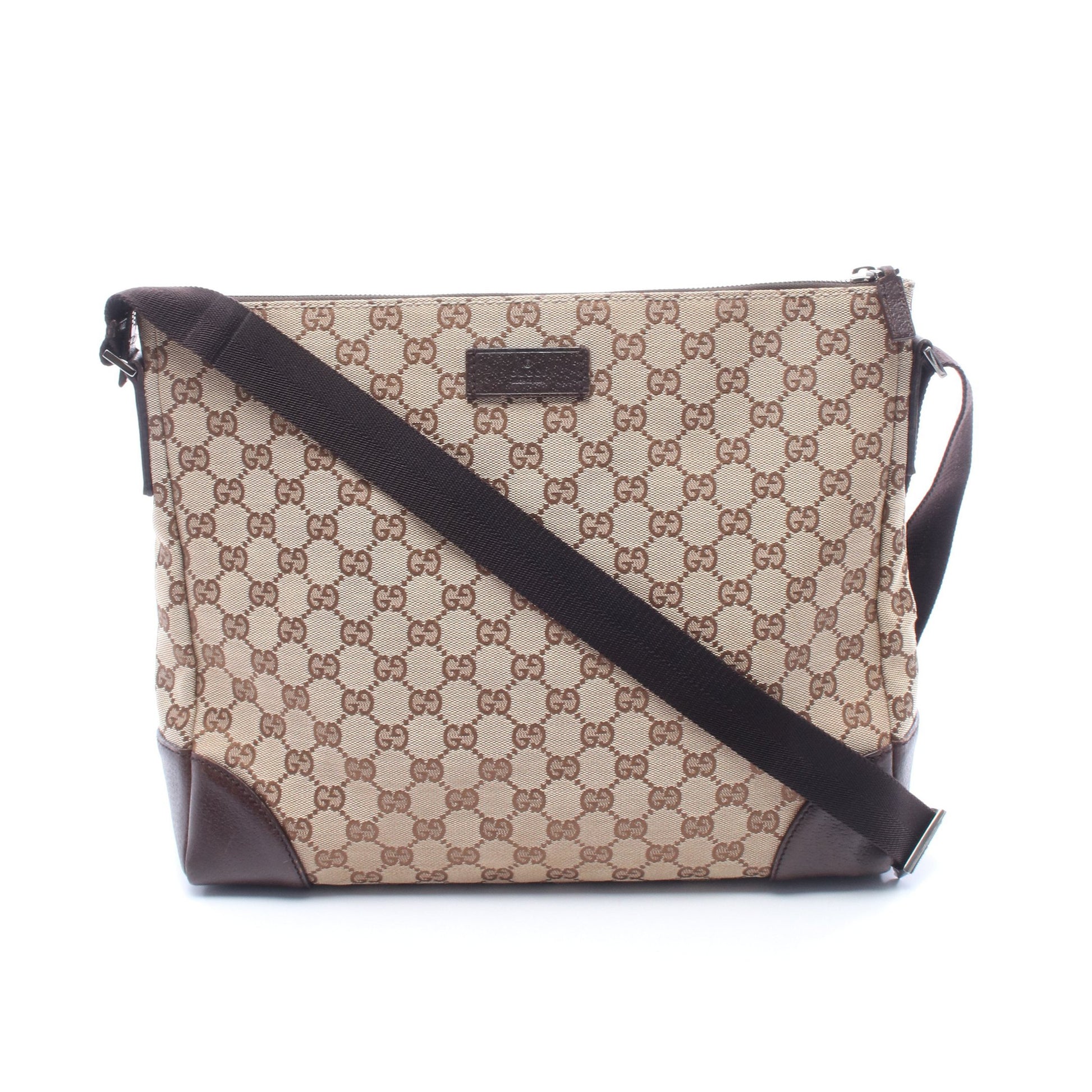 GGキャンバス ショルダーバッグ キャンバス レザー ベージュ ブラウン ダークブラウン グッチ バッグ GUCCI
