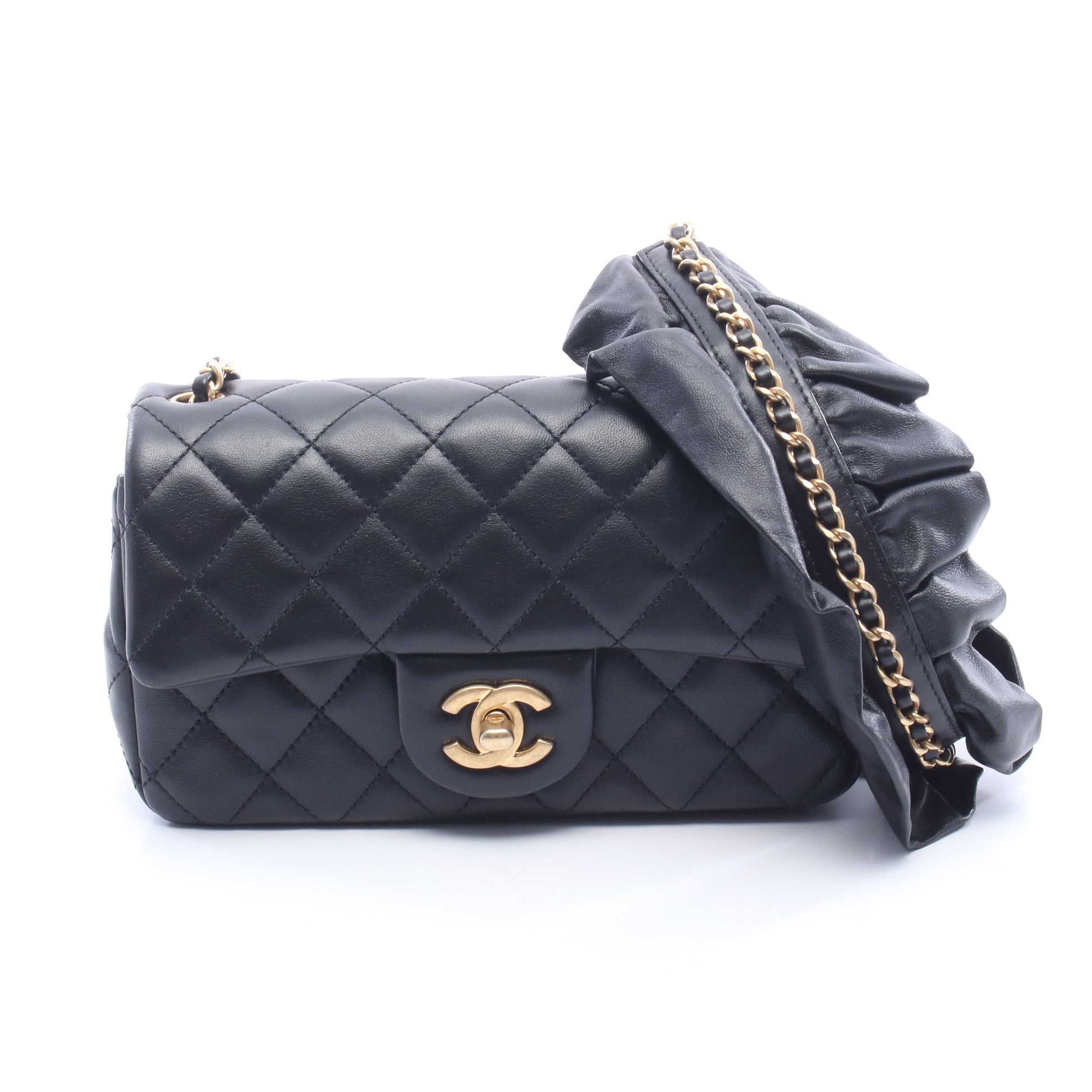 ミニマトラッセ フリル チェーンショルダーバッグ ラムスキン ブラック ゴールド金具 シャネル バッグ CHANEL