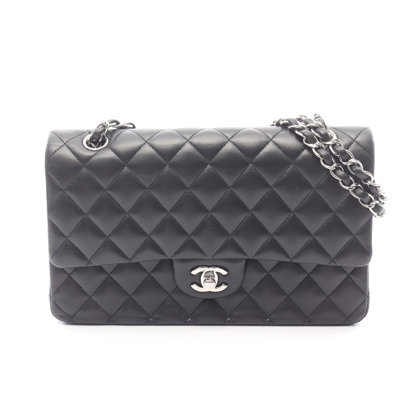 マトラッセ Wフラップ Wチェーンショルダーバッグ ラムスキン ブラック シルバー金具 シャネル バッグ CHANEL