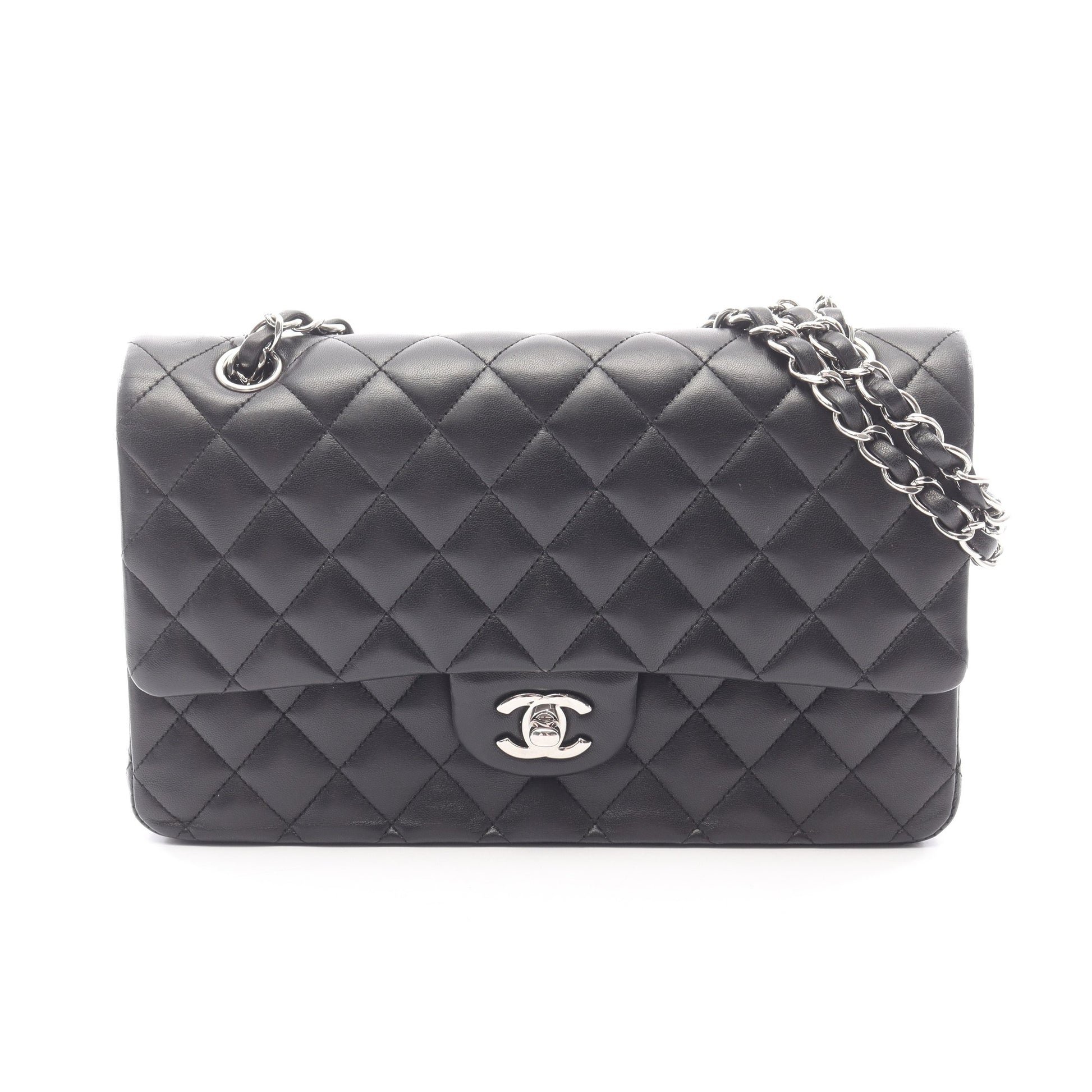マトラッセ Wフラップ Wチェーンショルダーバッグ ラムスキン ブラック シルバー金具 シャネル バッグ CHANEL