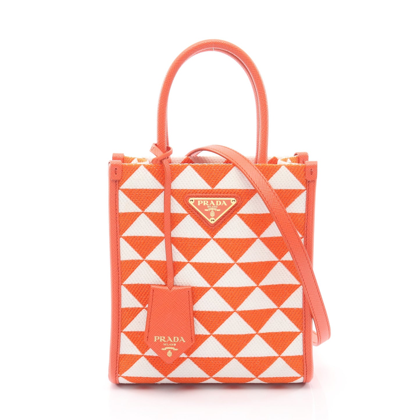 TRIANGOLO JACQUARD シンボル エンブロイダリー ミニ 2WAY ハンドバッグ キャンバス サフィアーノレザー オレンジ ホワイト プラダ バッグ PRADA