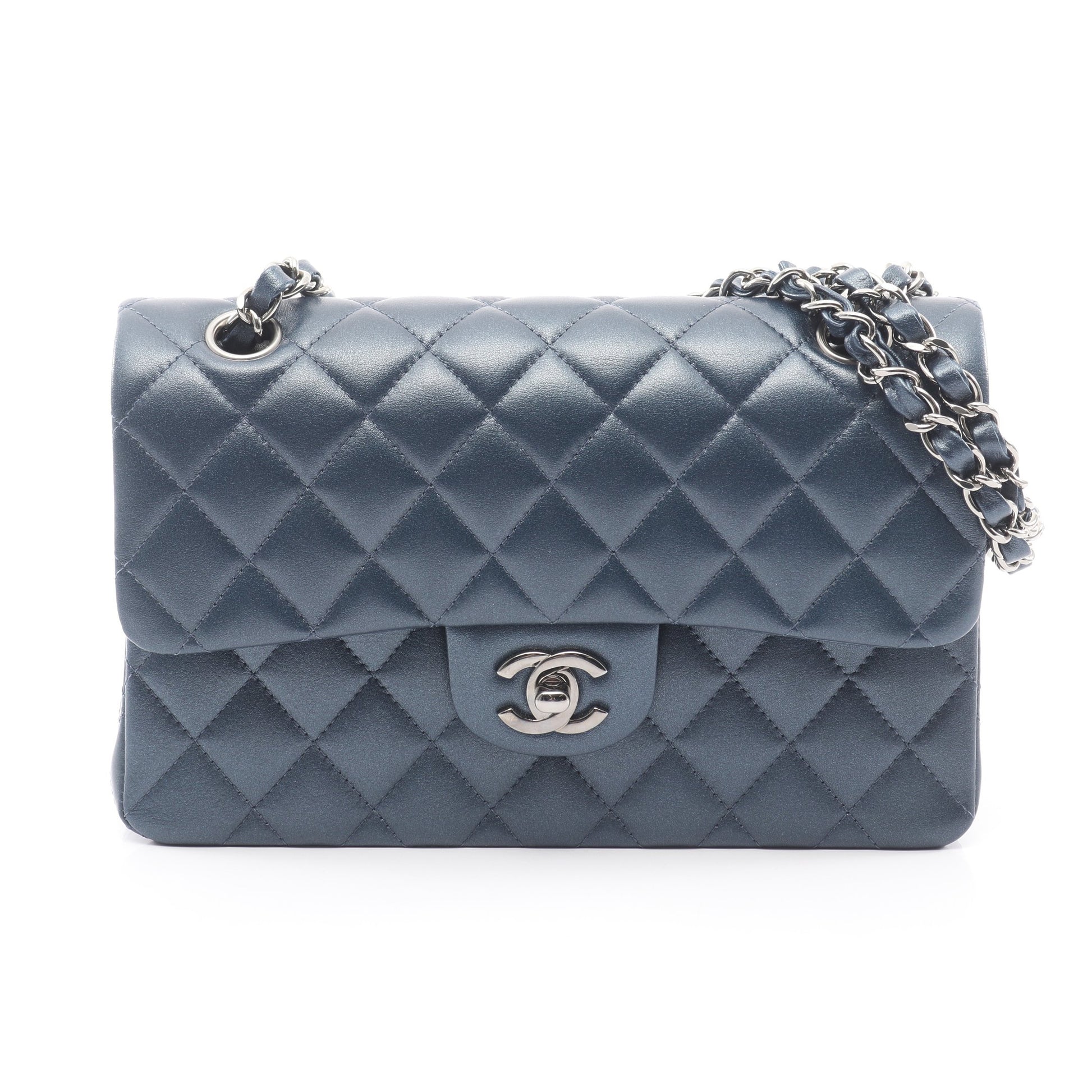 マトラッセ Wフラップ Wチェーンショルダーバッグ レザー ブルーグレー シルバー金具 シャネル バッグ CHANEL