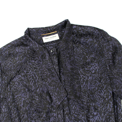 ボウタイ 総柄 長袖 ワンピース シルク ネイビー サンローランパリ ワンピース SAINT LAURENT PARIS