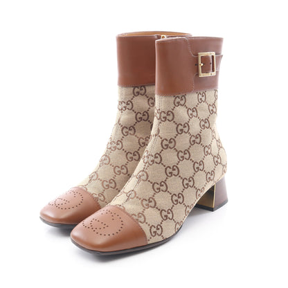 GGキャンバス アンクル ブーツ キャンバス レザー ベージュ ブラウン グッチ シューズ GUCCI