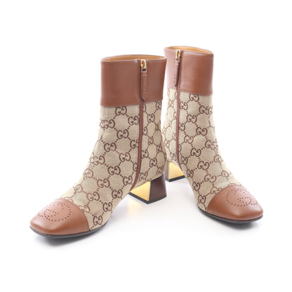 GGキャンバス アンクル ブーツ キャンバス レザー ベージュ ブラウン グッチ シューズ GUCCI
