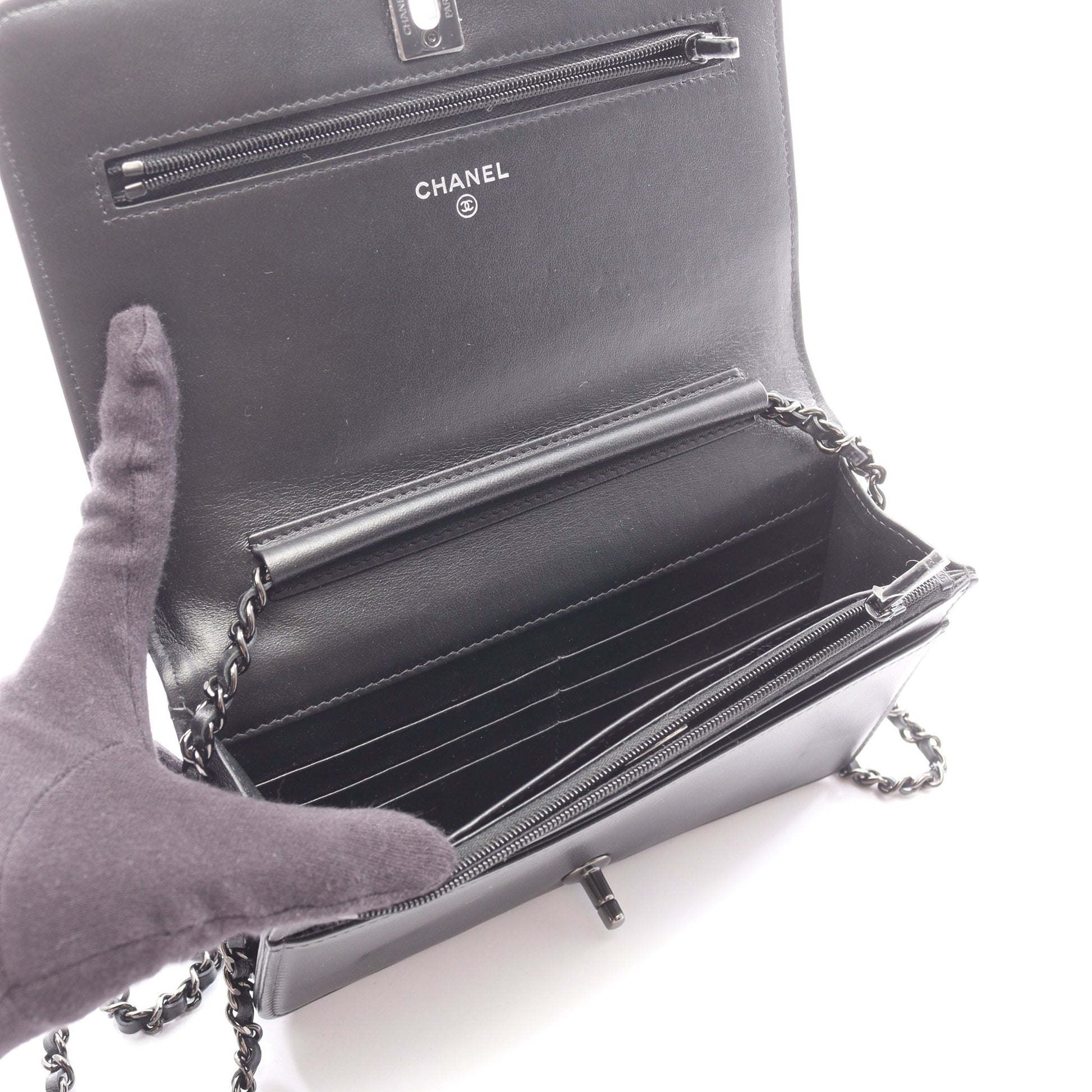 マトラッセ ビジュー ブラック金具 チェーンウォレット レザー ブラック シャネル バッグ CHANEL