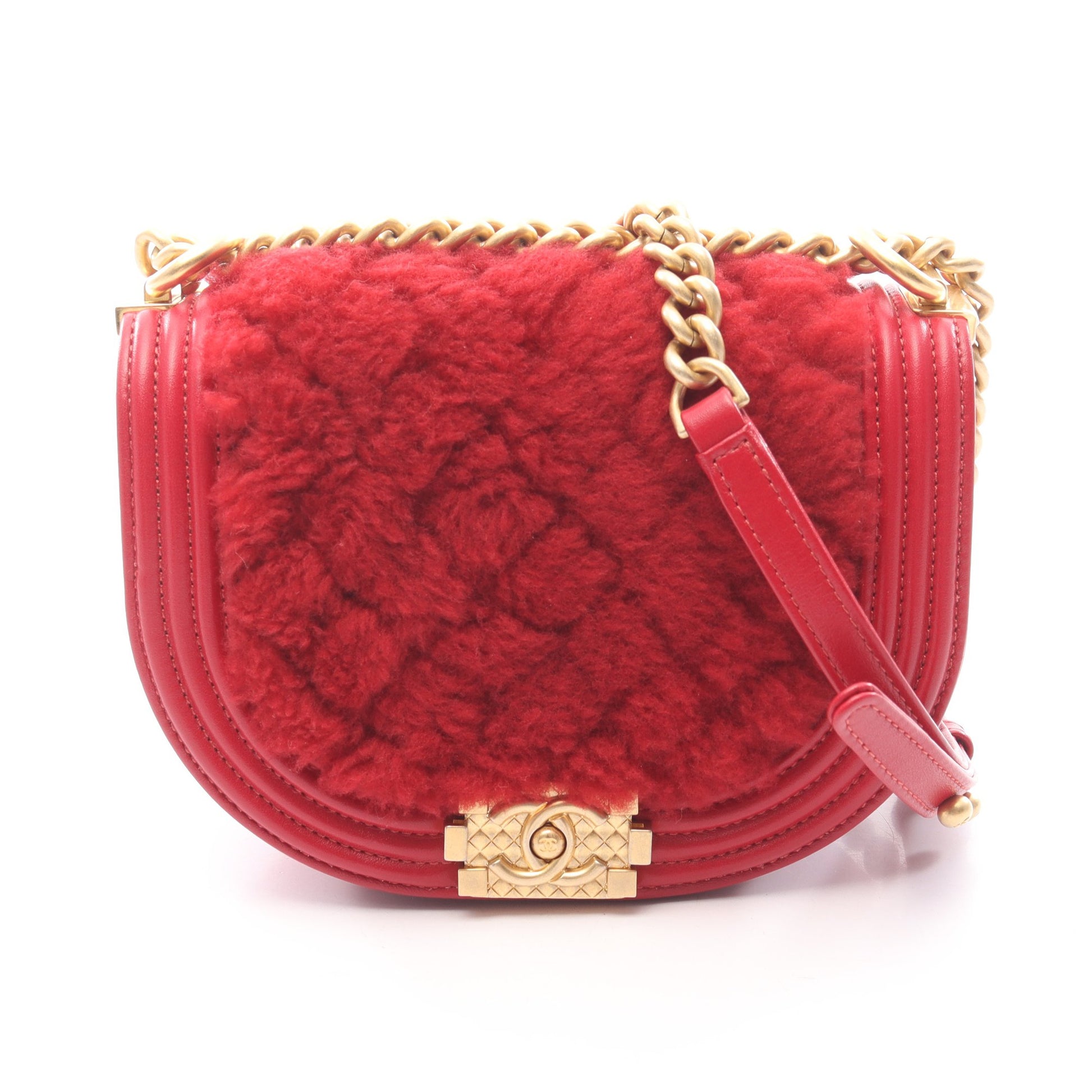 ボーイシャネル スモール チェーンショルダーバッグ ボア レザー レッド ゴールド金具 シャネル バッグ CHANEL