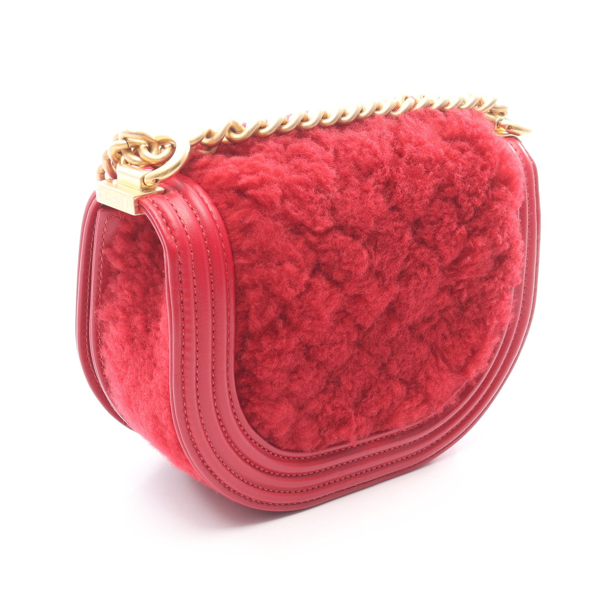 ボーイシャネル スモール チェーンショルダーバッグ ボア レザー レッド ゴールド金具 シャネル バッグ CHANEL