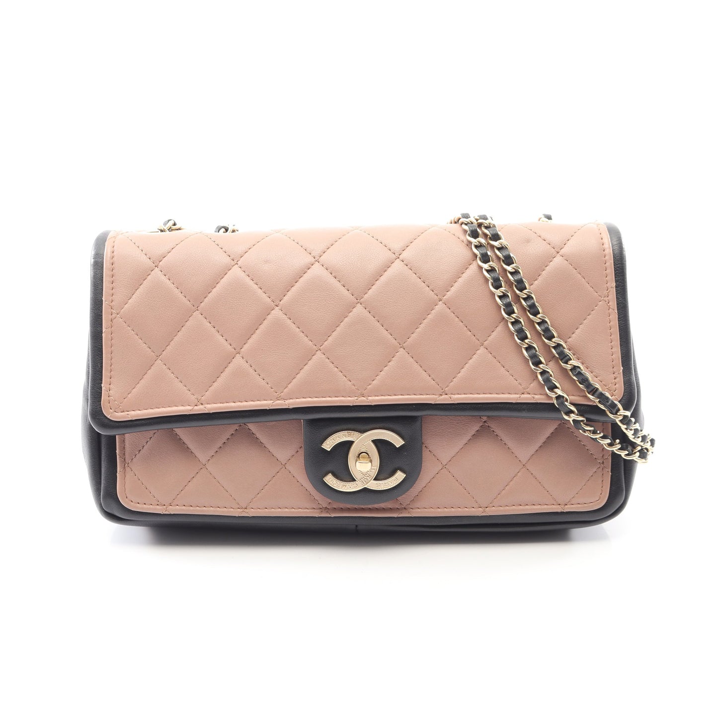マトラッセ Wチェーンショルダーバッグ ラムスキン ピンクベージュ ブラック ゴールド金具 シャネル バッグ CHANEL