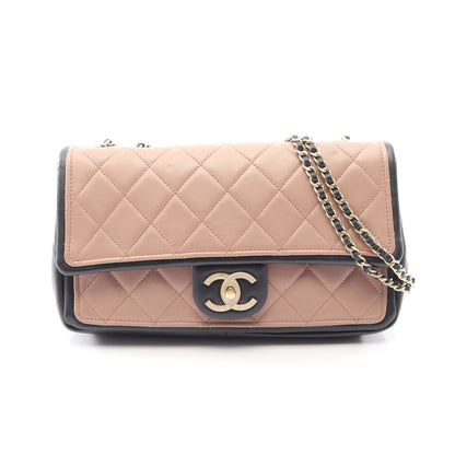 マトラッセ Wチェーンショルダーバッグ ラムスキン ピンクベージュ ブラック ゴールド金具 シャネル バッグ CHANEL