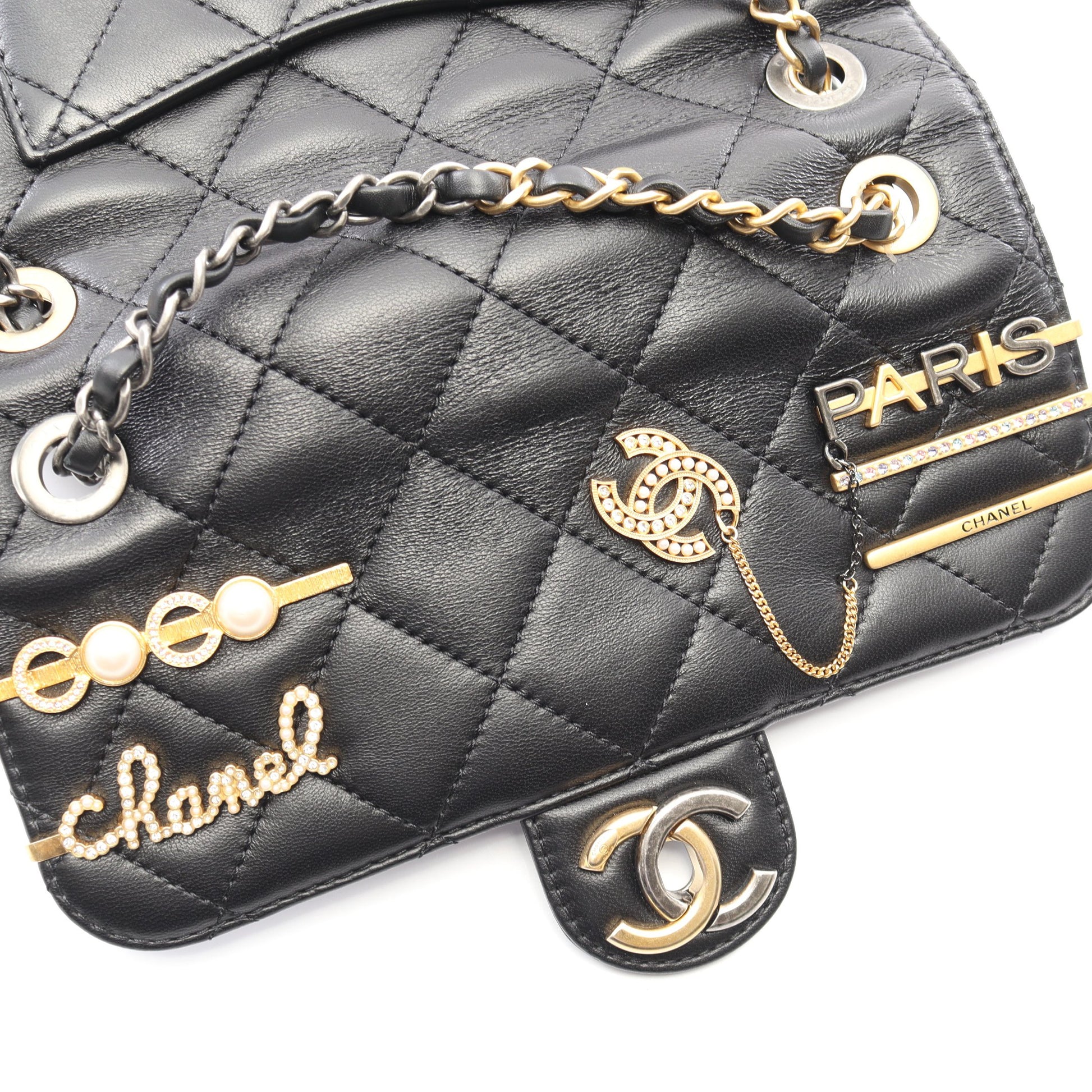 マトラッセ クリップココ コンビ金具 チェーンショルダーバッグ ラムスキン ブラック シャネル バッグ CHANEL