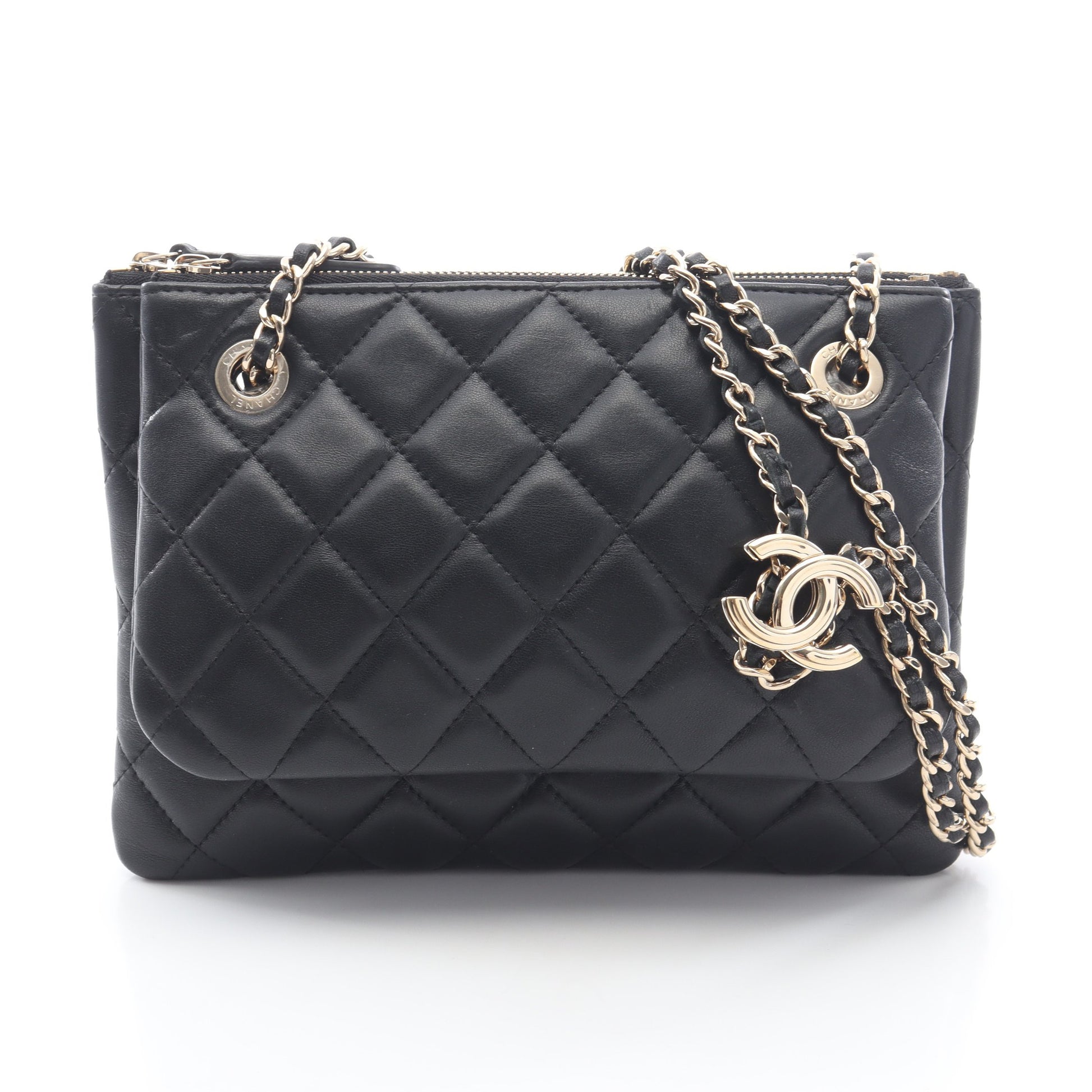 マトラッセ Wチェーンショルダーバッグ ラムスキン ブラック ゴールド金具 シャネル バッグ CHANEL