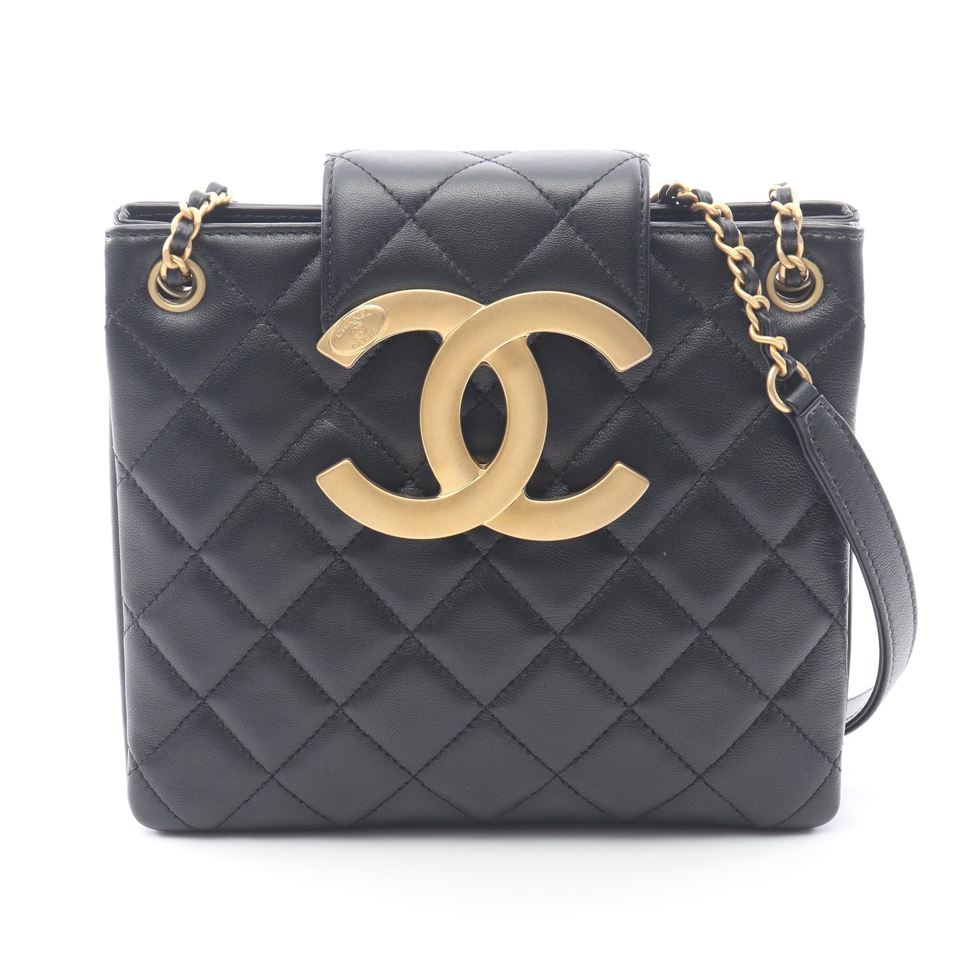 マトラッセ Wチェーンショルダーバッグ ラムスキン ブラック ゴールド金具 シャネル バッグ CHANEL