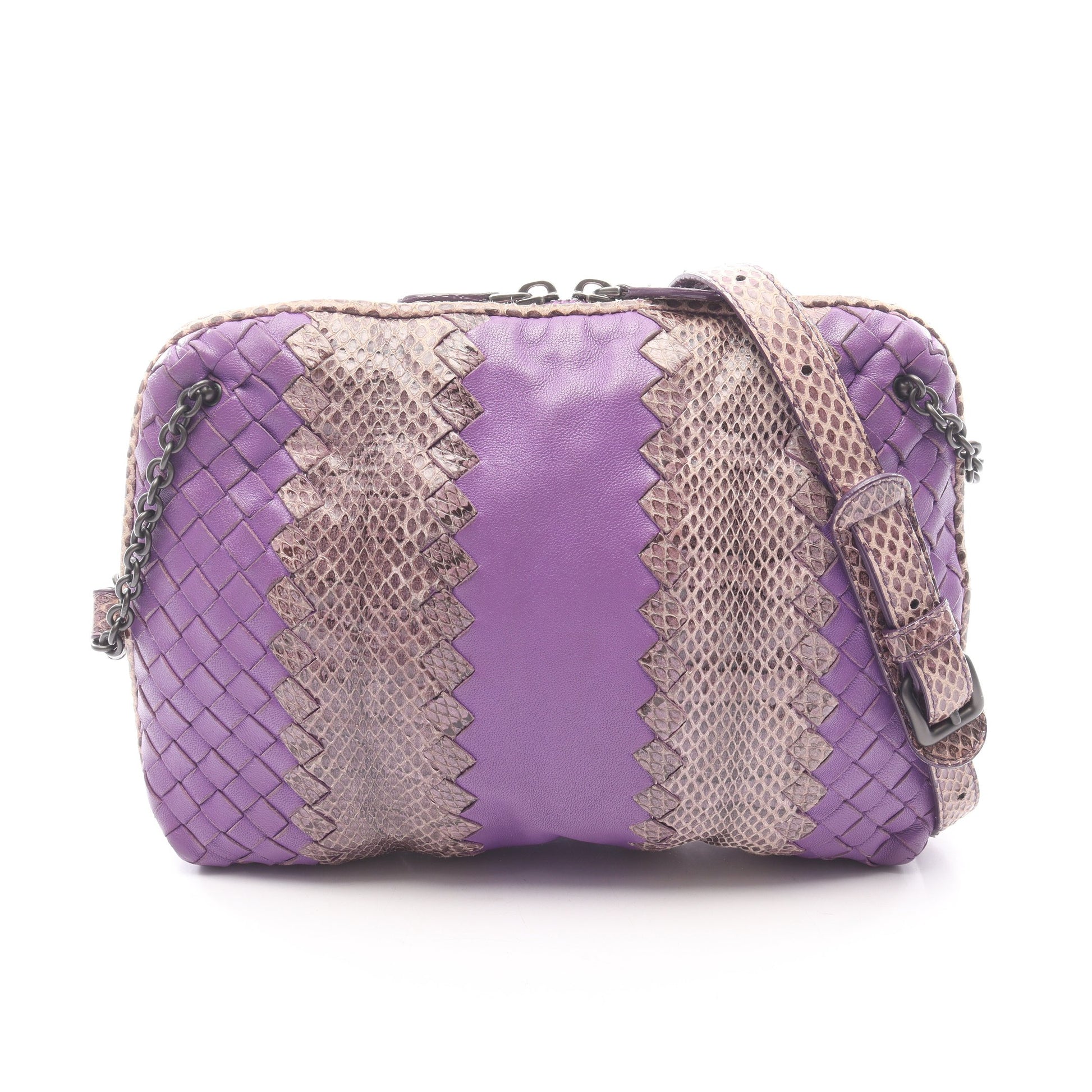 イントレチャート ショルダーバッグ レザー パイソン パープル ブラウン ボッテガヴェネタ バッグ BOTTEGA VENETA