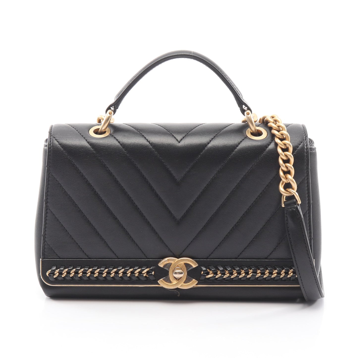 Vステッチ シェブロン 2WAY チェーンショルダーバッグ レザー ブラック ゴールド金具 シャネル バッグ CHANEL