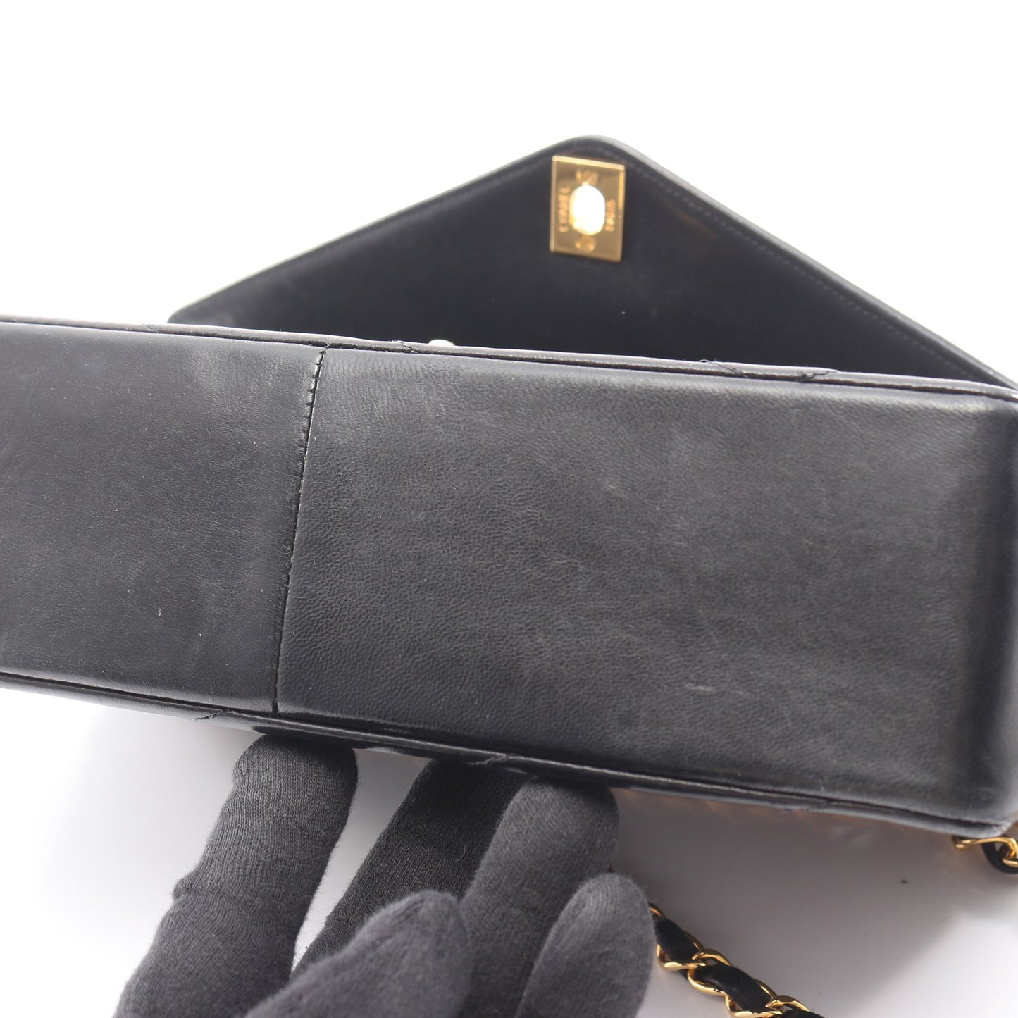 バイアスステッチ Wチェーンショルダーバッグ ラムスキン ブラック ゴールド金具 シャネル バッグ CHANEL