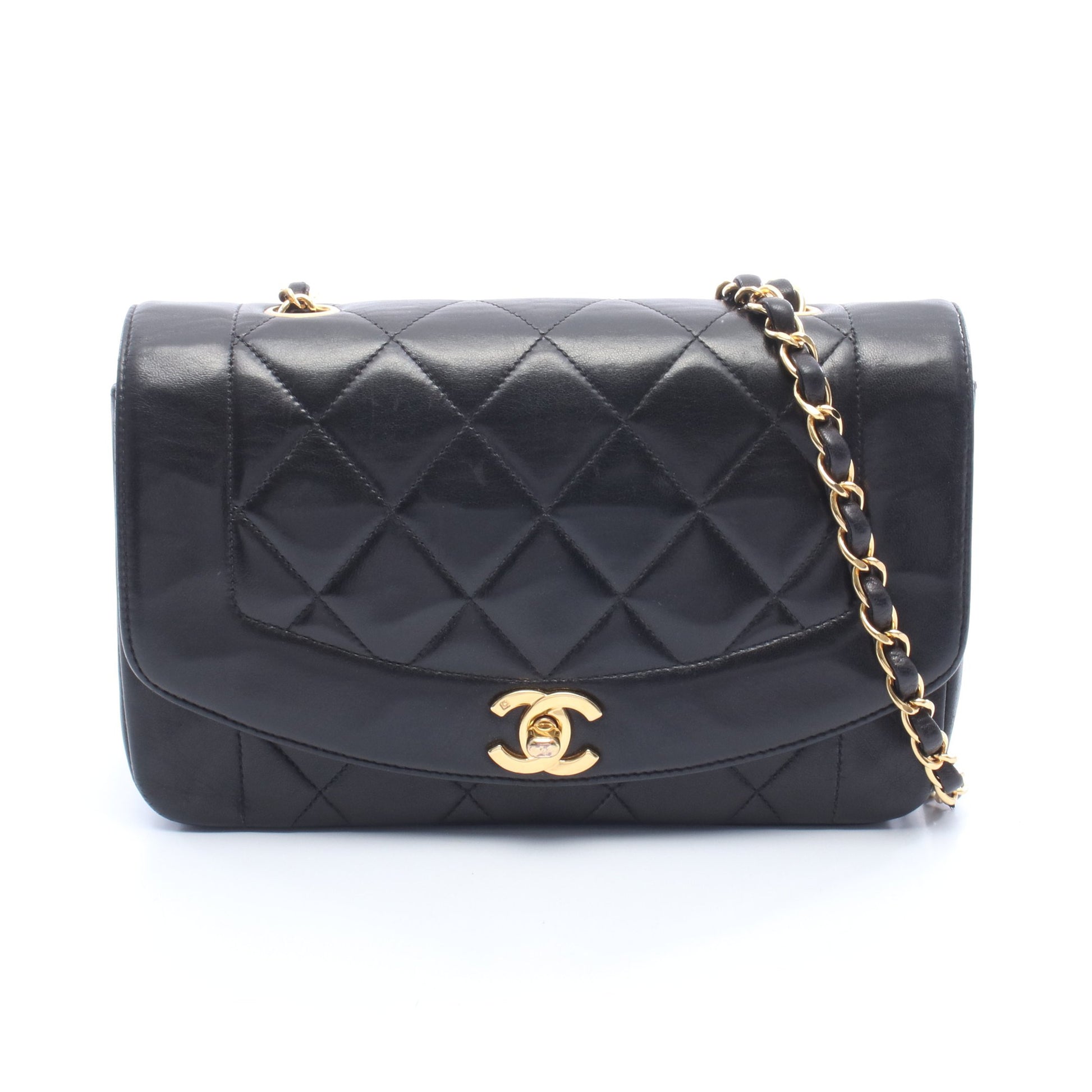 マトラッセ ダイアナフラップ チェーンショルダーバッグ ラムスキン ブラック ゴールド金具 シャネル バッグ CHANEL