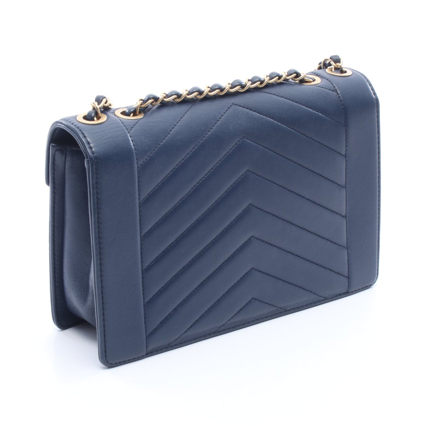 シェブロン Vステッチ チェーンショルダーバッグ ラムスキン ネイビー ゴールド金具 シャネル バッグ CHANEL