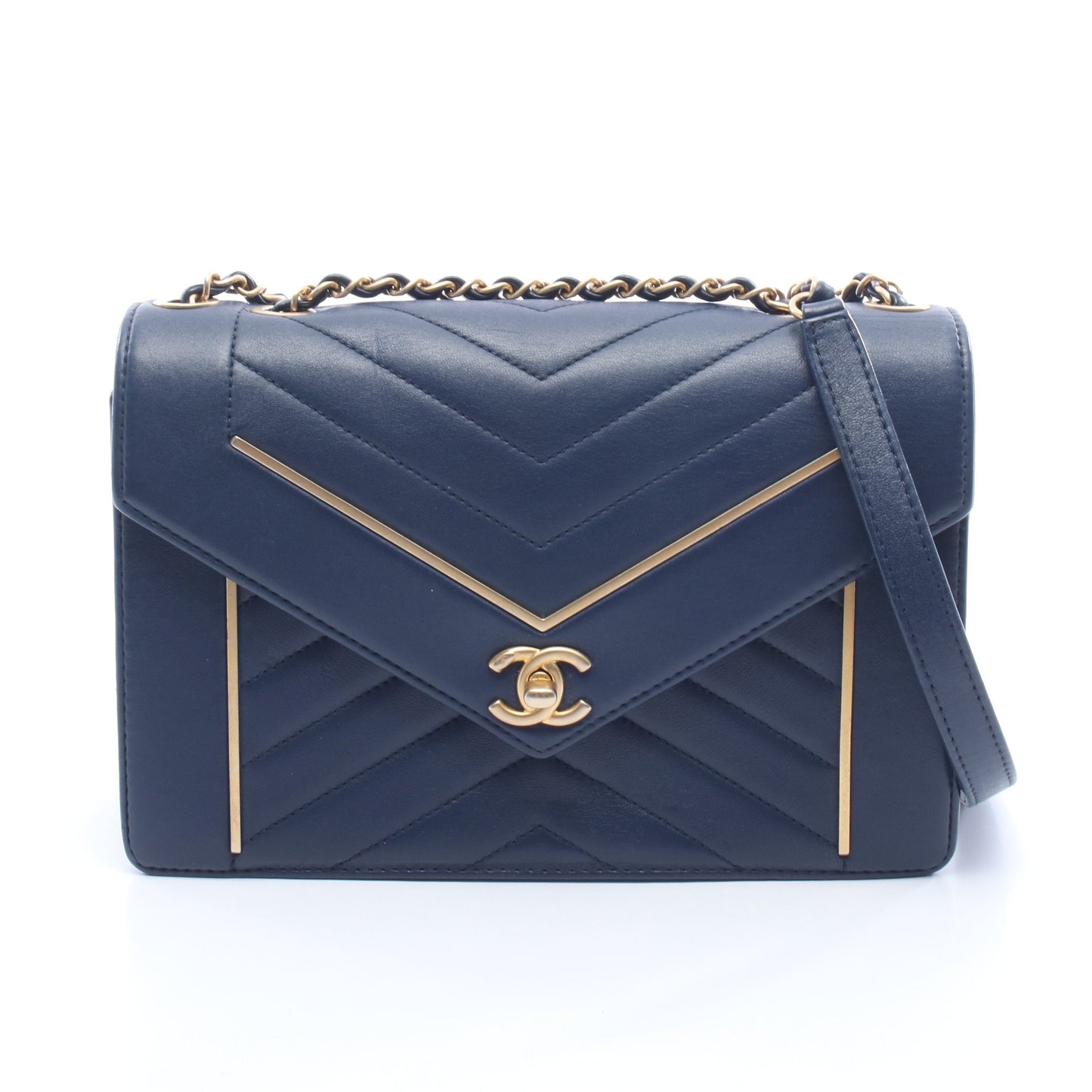 シェブロン Vステッチ チェーンショルダーバッグ ラムスキン ネイビー ゴールド金具 シャネル バッグ CHANEL