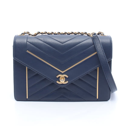 シェブロン Vステッチ チェーンショルダーバッグ ラムスキン ネイビー ゴールド金具 シャネル バッグ CHANEL