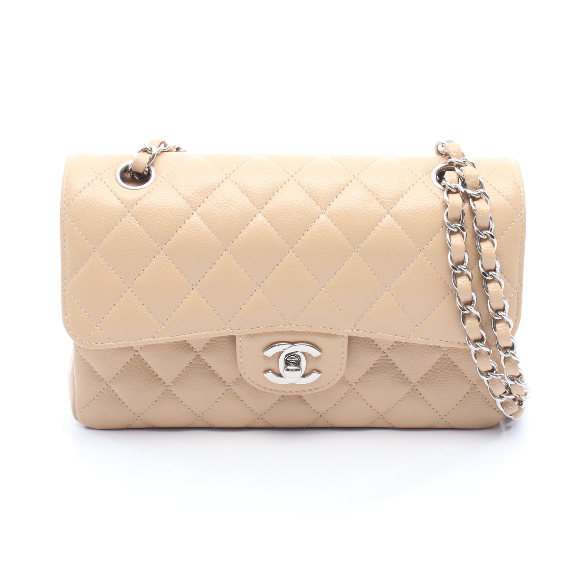 マトラッセ Wフラップ Wチェーンショルダーバッグ キャビアスキン ベージュ シルバー金具 シャネル バッグ CHANEL