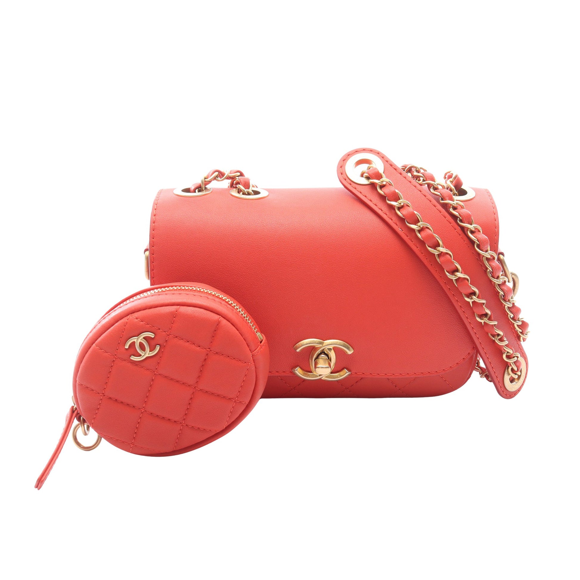 マトラッセ チェーンショルダーバッグ ラムスキン オレンジレッド ゴールド金具 シャネル バッグ CHANEL