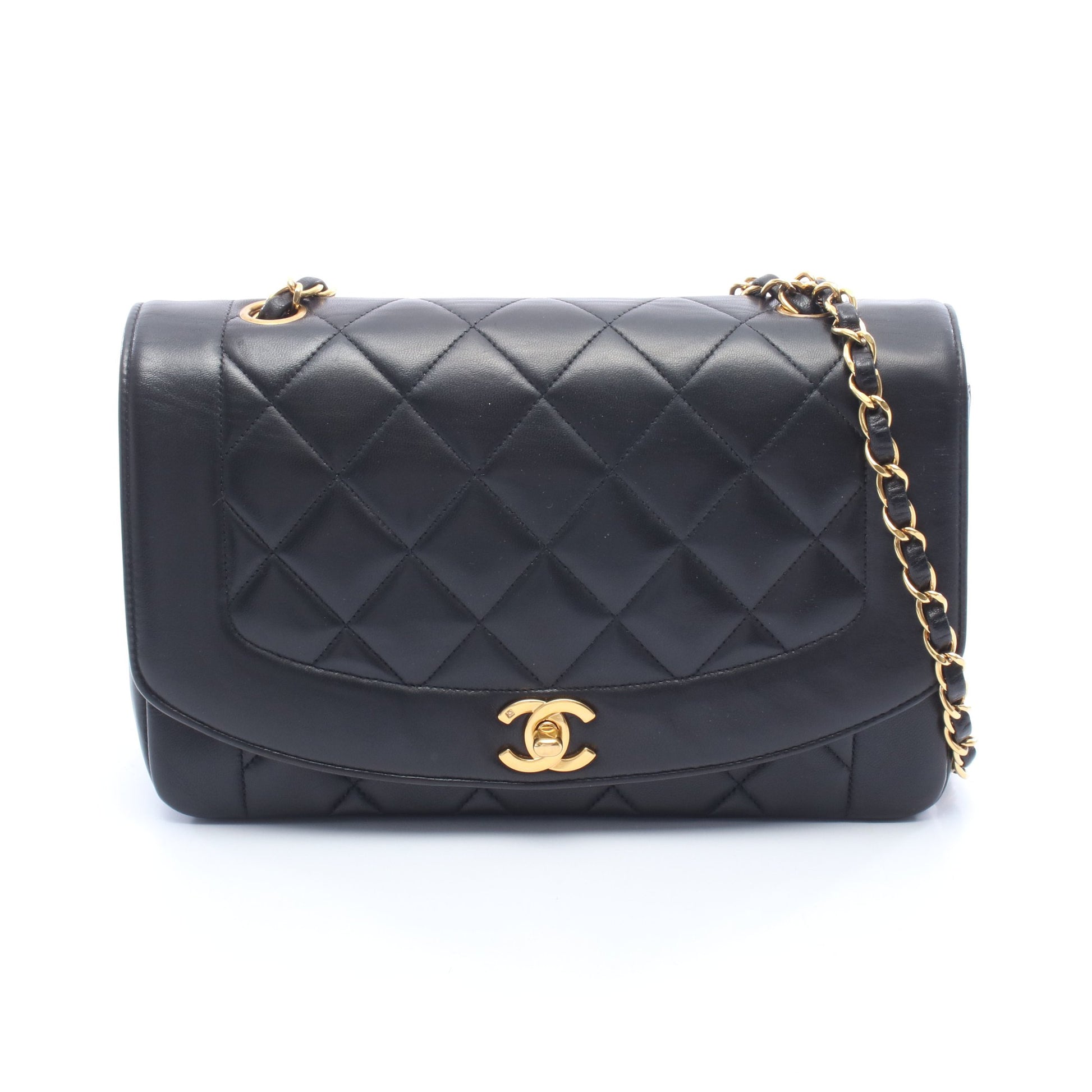 マトラッセ ダイアナフラップ チェーンショルダーバッグ ラムスキン ブラック ゴールド金具 シャネル バッグ CHANEL